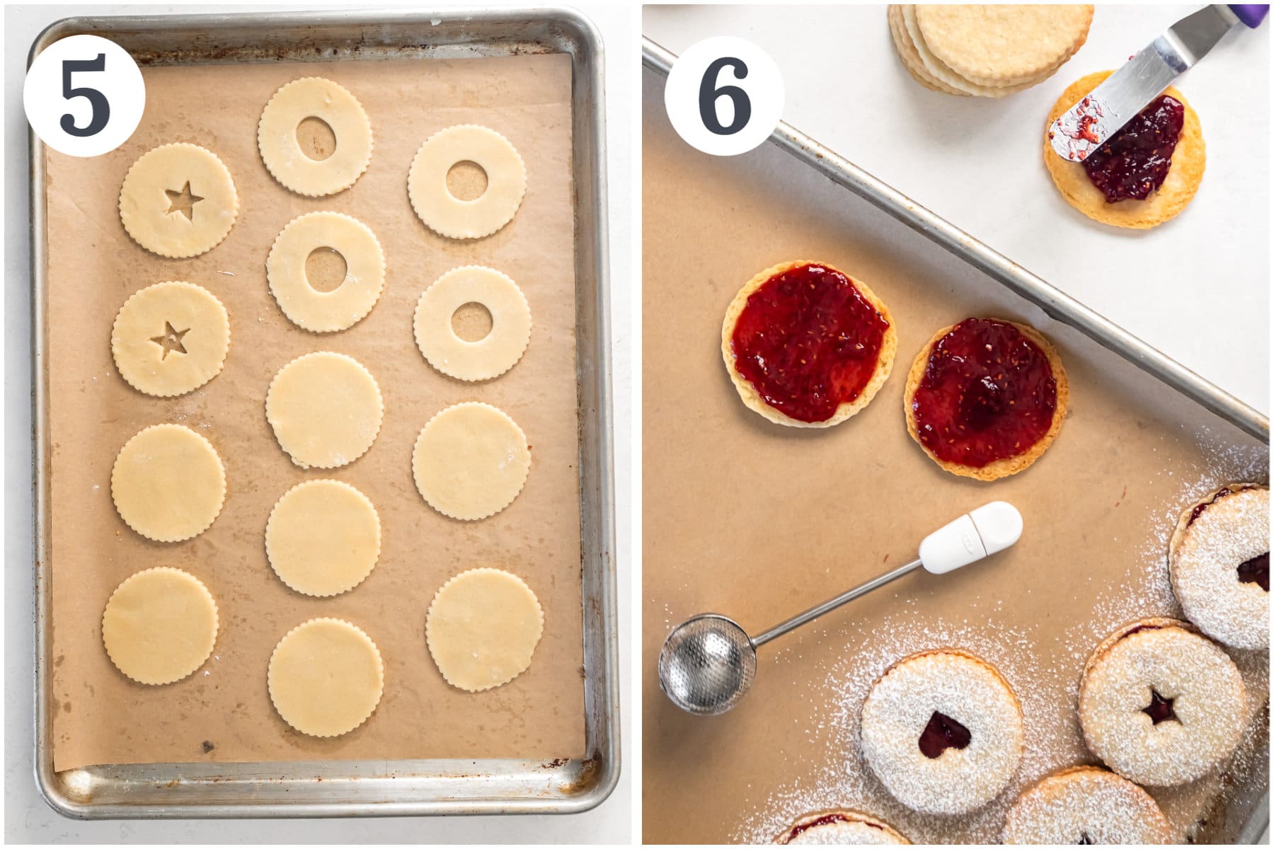 photo collage demonstrating how to cut cookies and fill with jam.