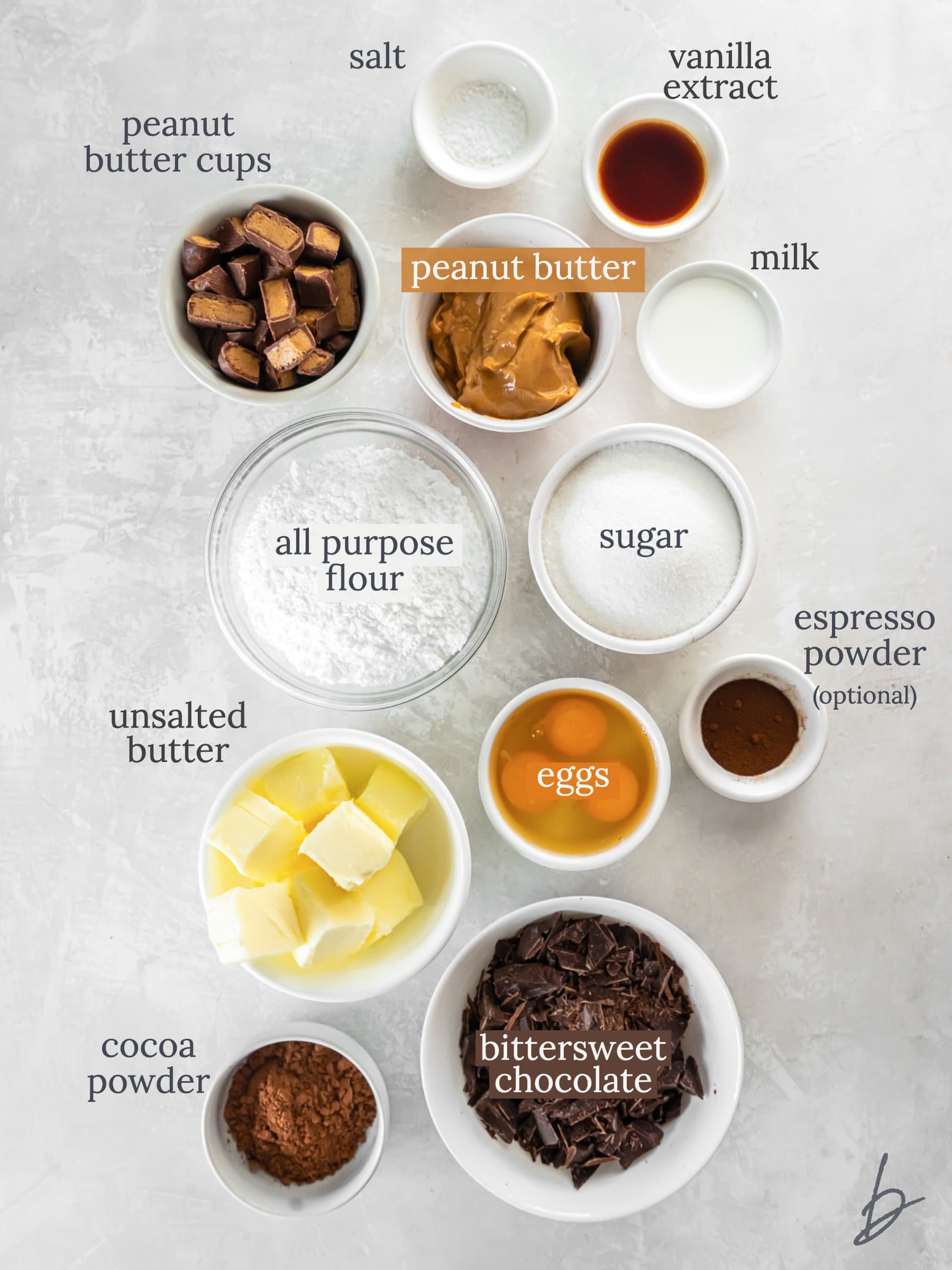 bowls of ingredients for peanut butter brownies.