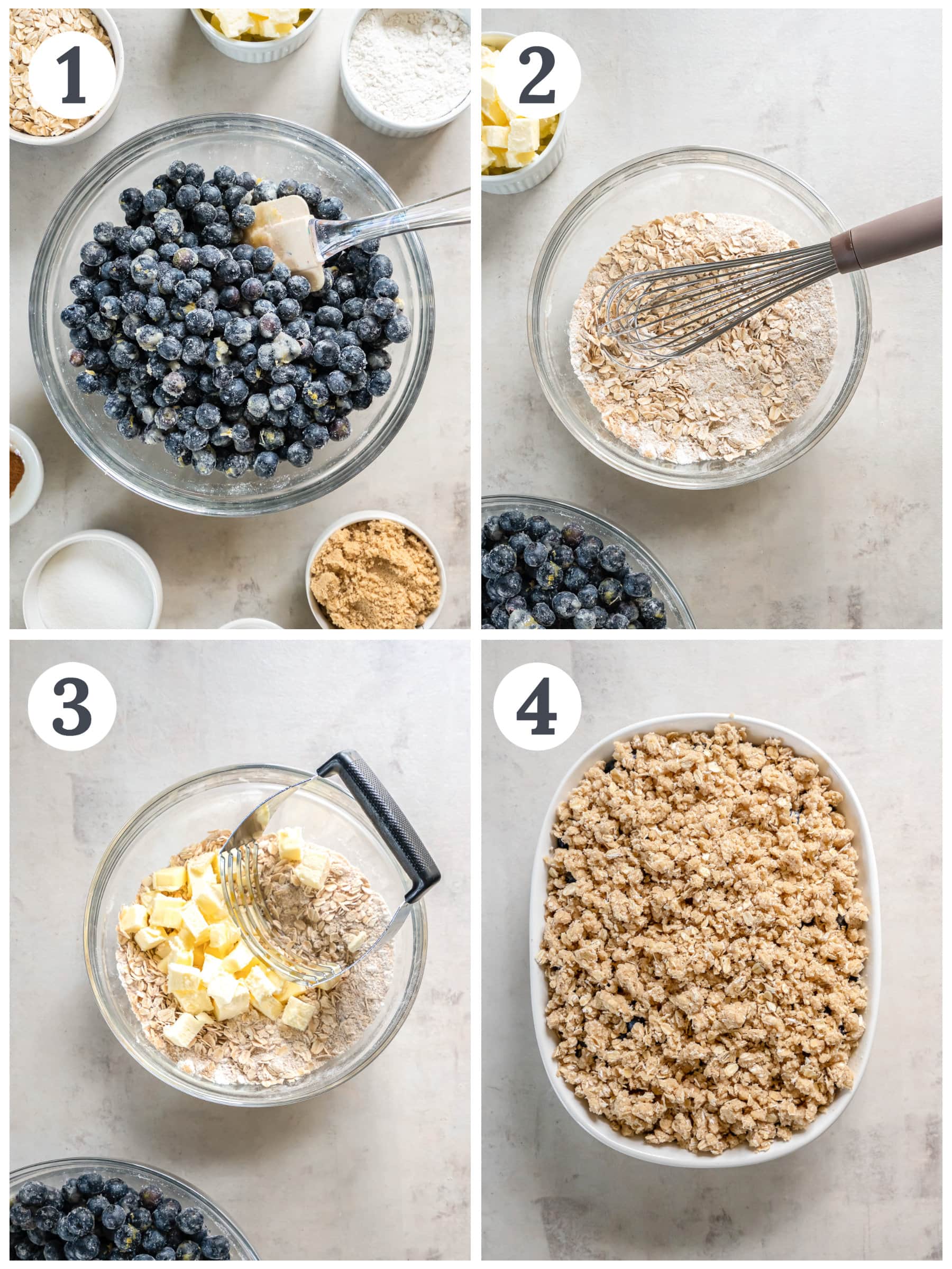 photo collage demonstrating how to make blueberry crisp in a mixing bowl.
