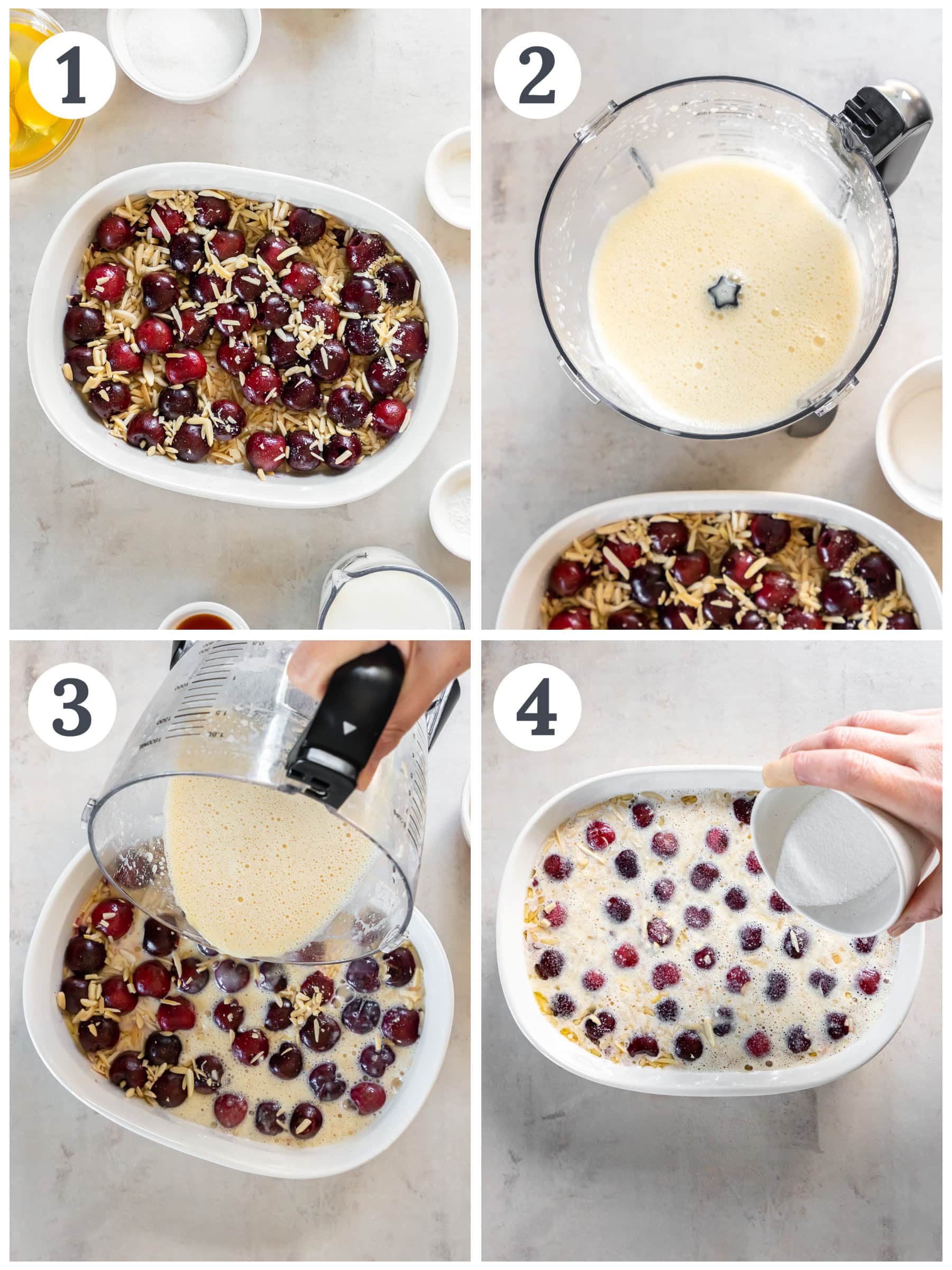 photo collage demonstrating how to make cherry clafoutis.