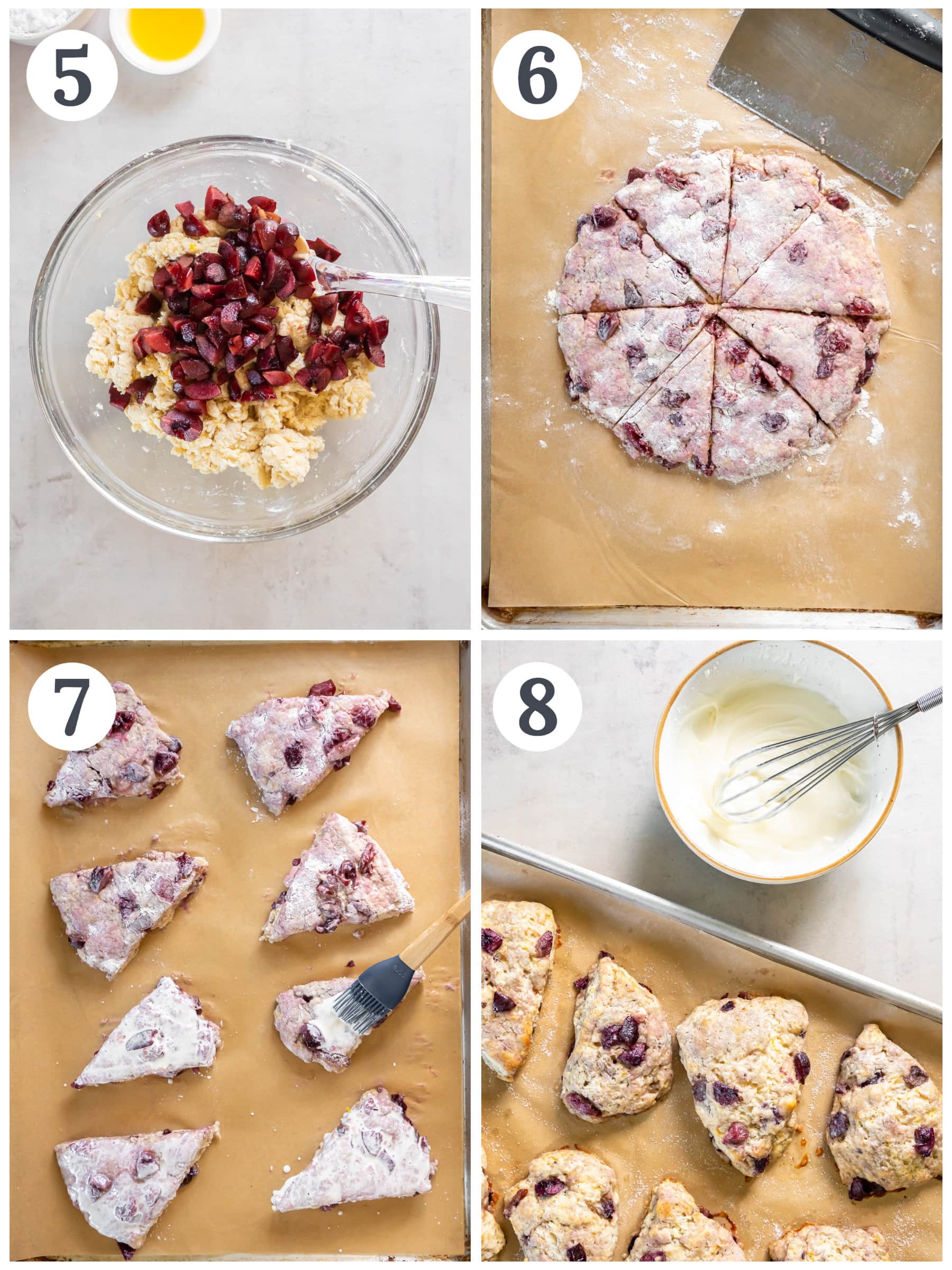 photo collage demonstrating how to make cherry scones with orange glaze.