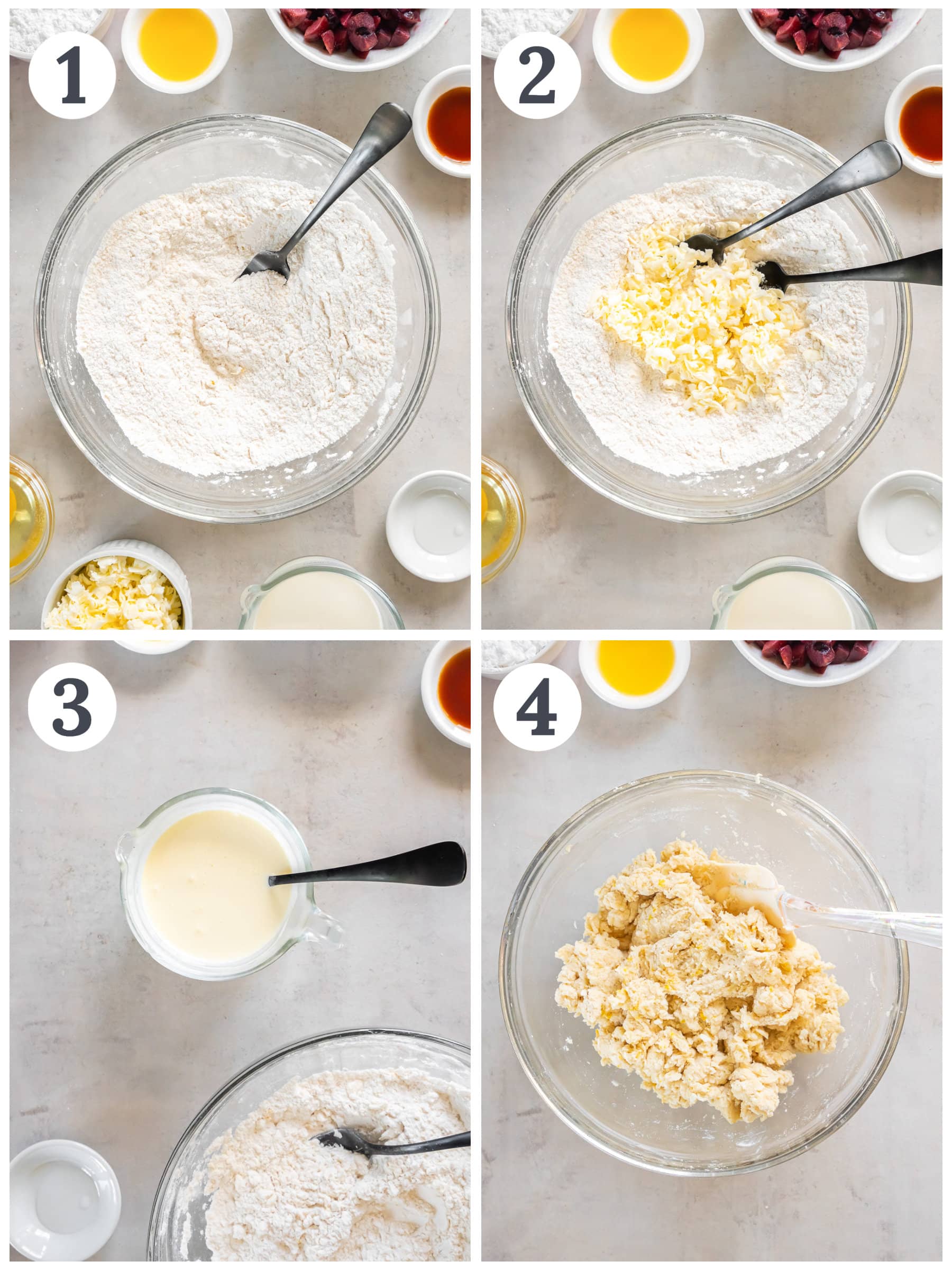 photo collage demonstrating how to make cherry scone dough in a mixing bowl.