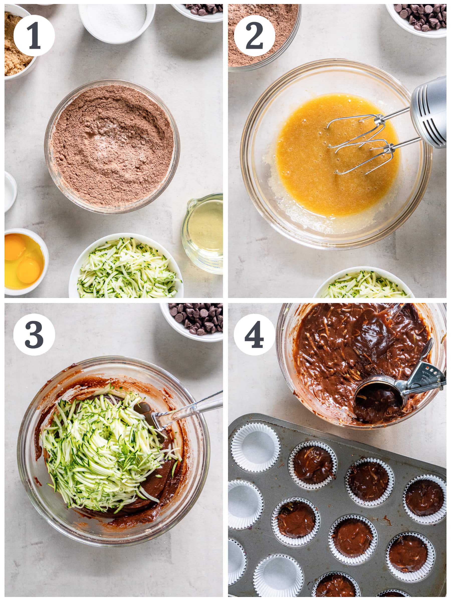 photo collage demonstrating how to make chocolate zucchini muffins in a mixing bowl and muffin tin.
