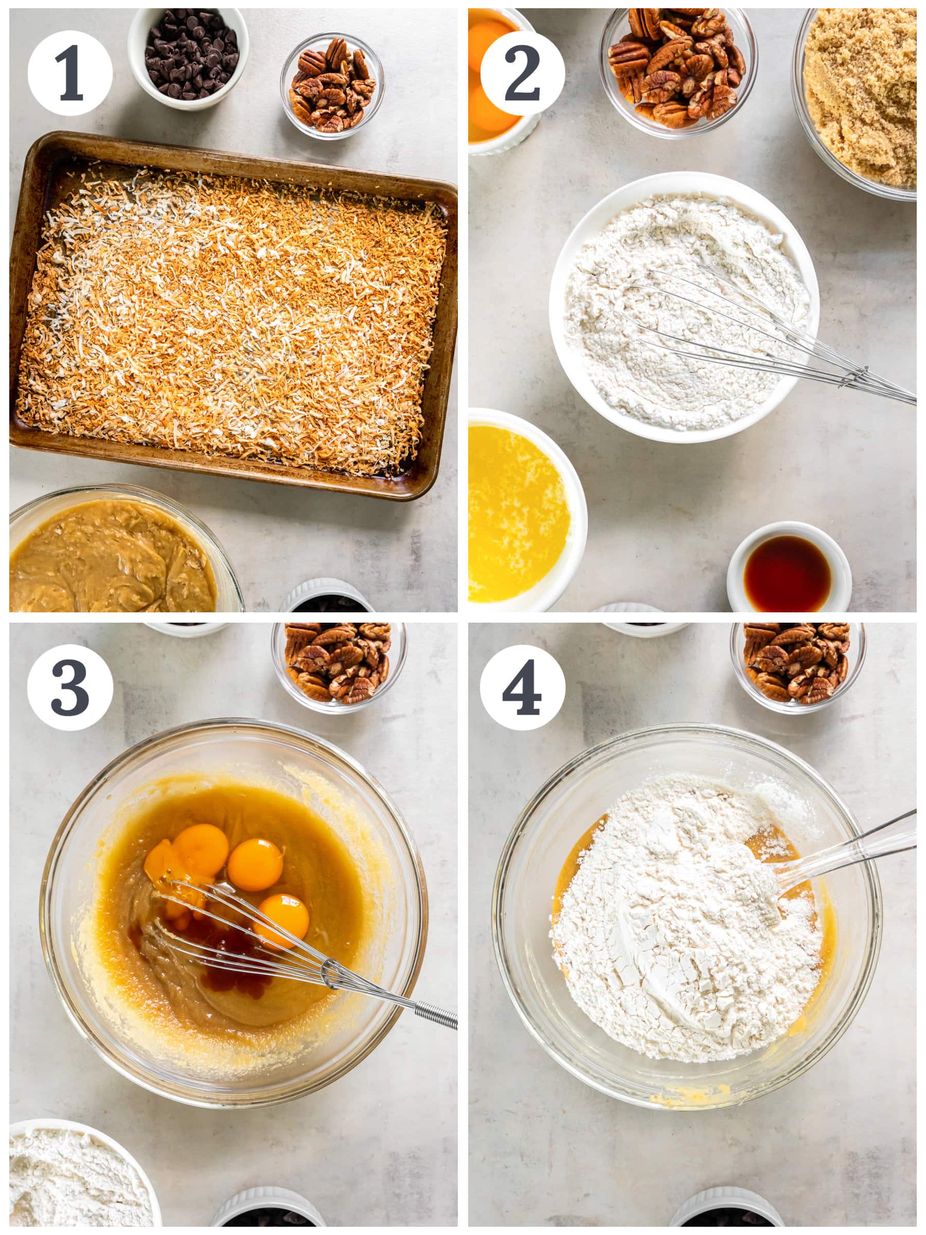 photo collage demonstrating how to toast coconut and make congo bars in a mixing bowl.