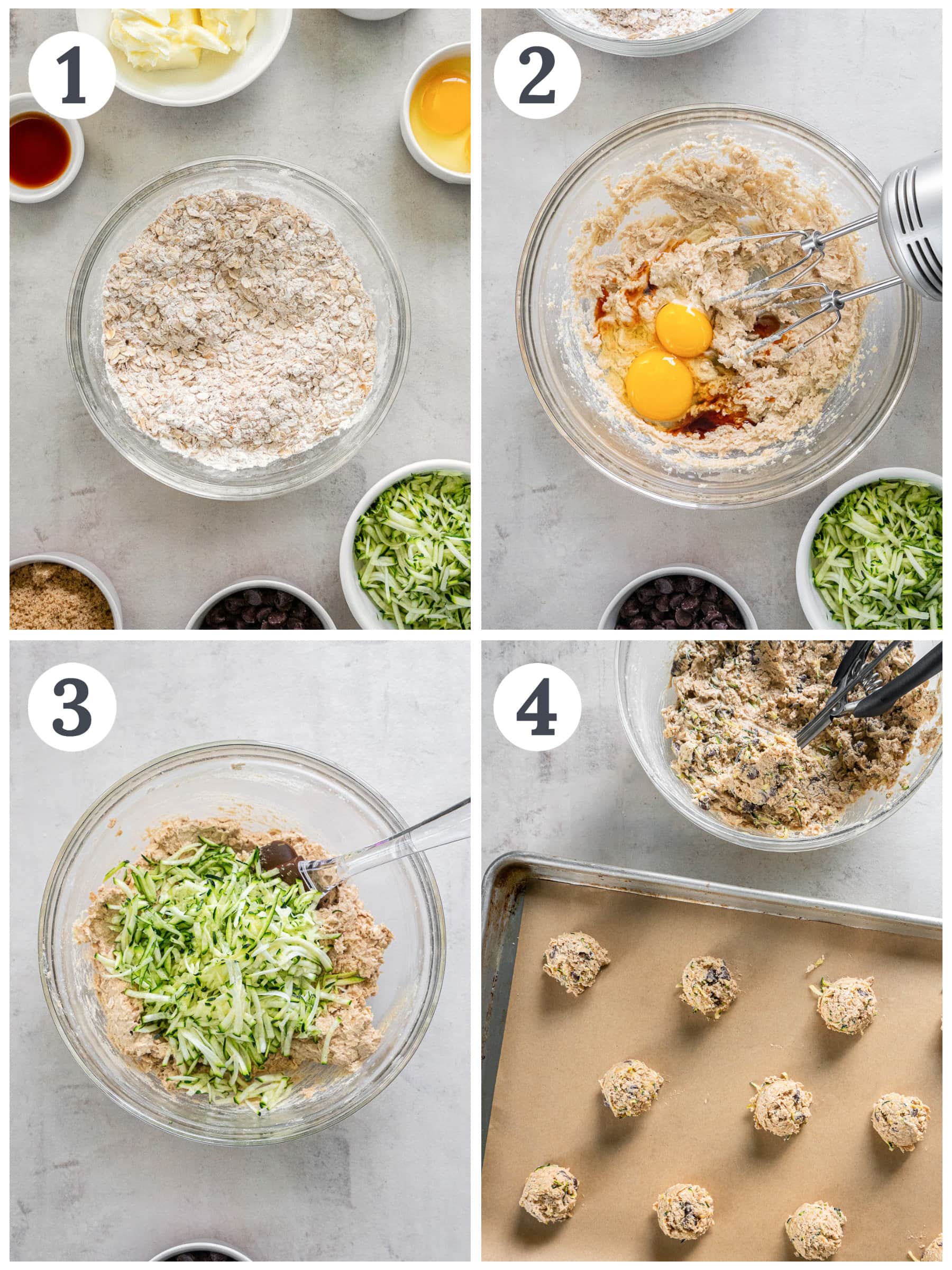 photo collage demonstrating how to make zucchini chocolate chip cookies in a mixing bowl.