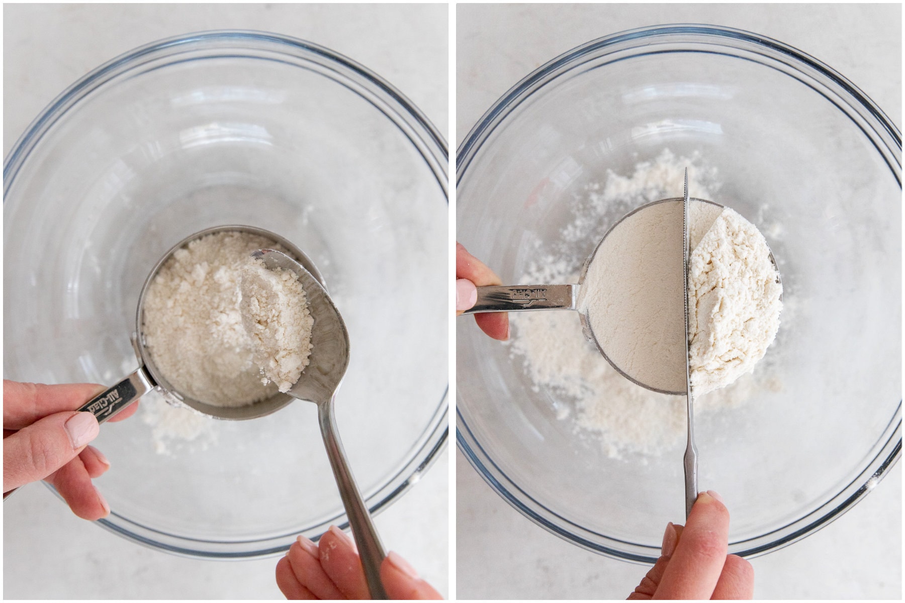 photo collage demonstrating how to measure flour without a scale; spoon and level method.