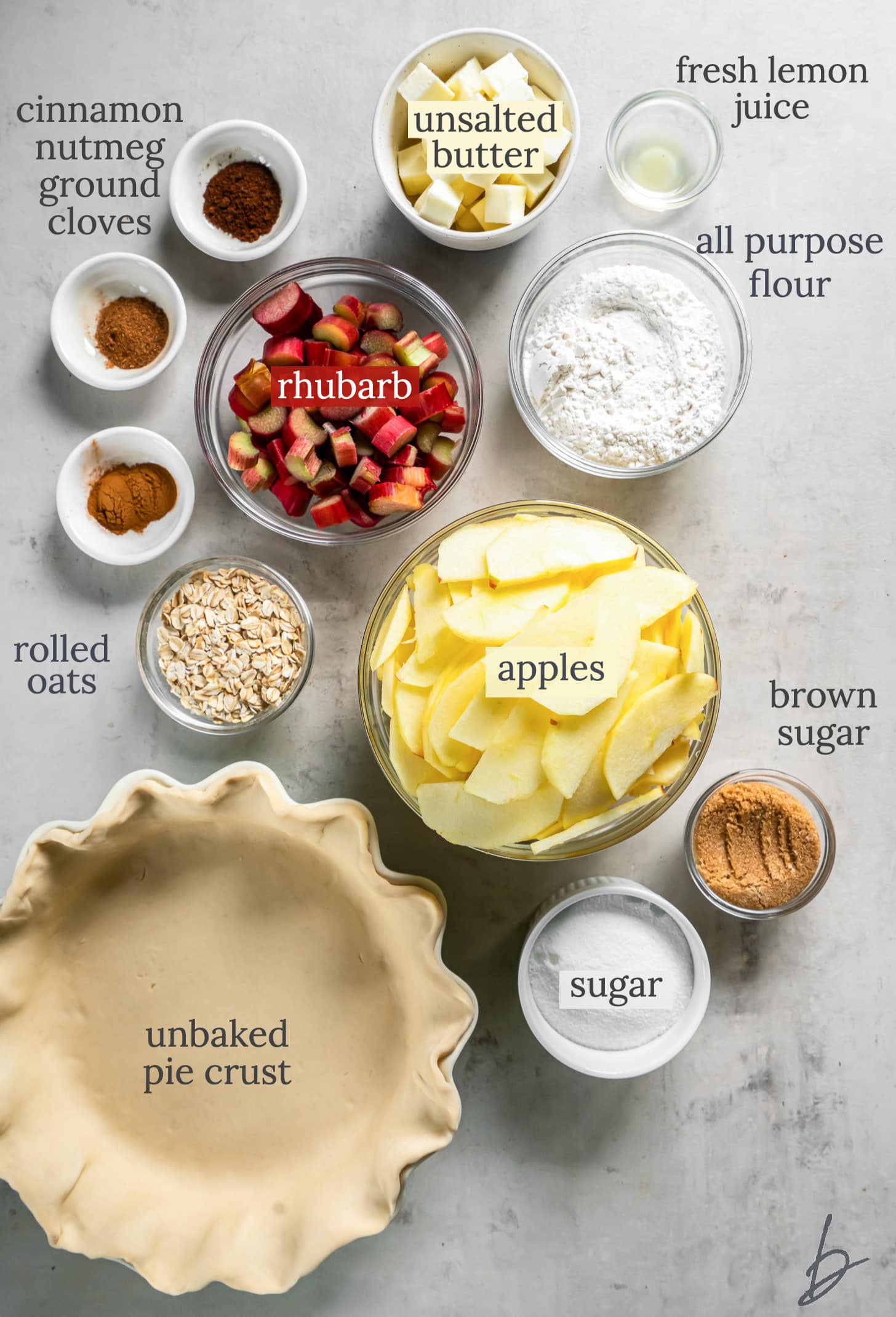 bowls of ingredients to make apple rhubarb pie.