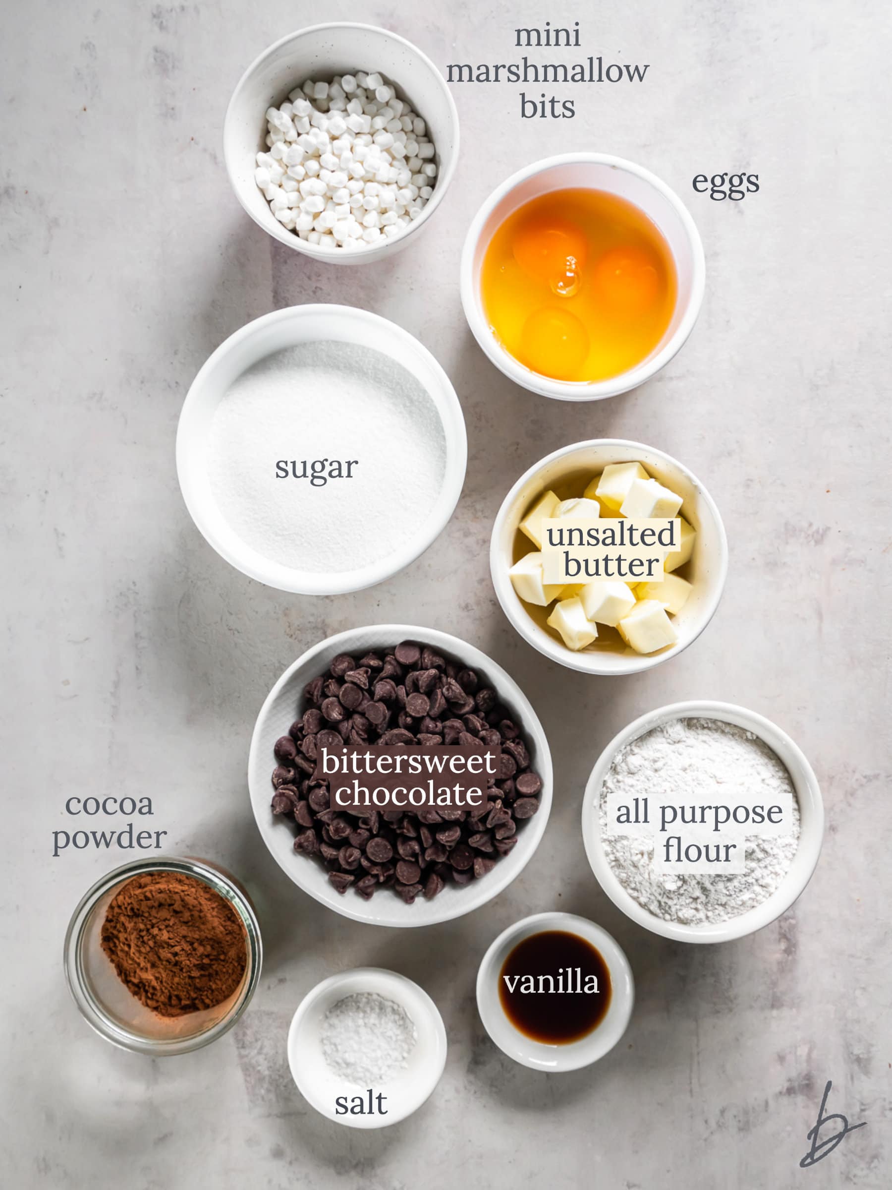 bowls of ingredients to make hot chocolate brownies.