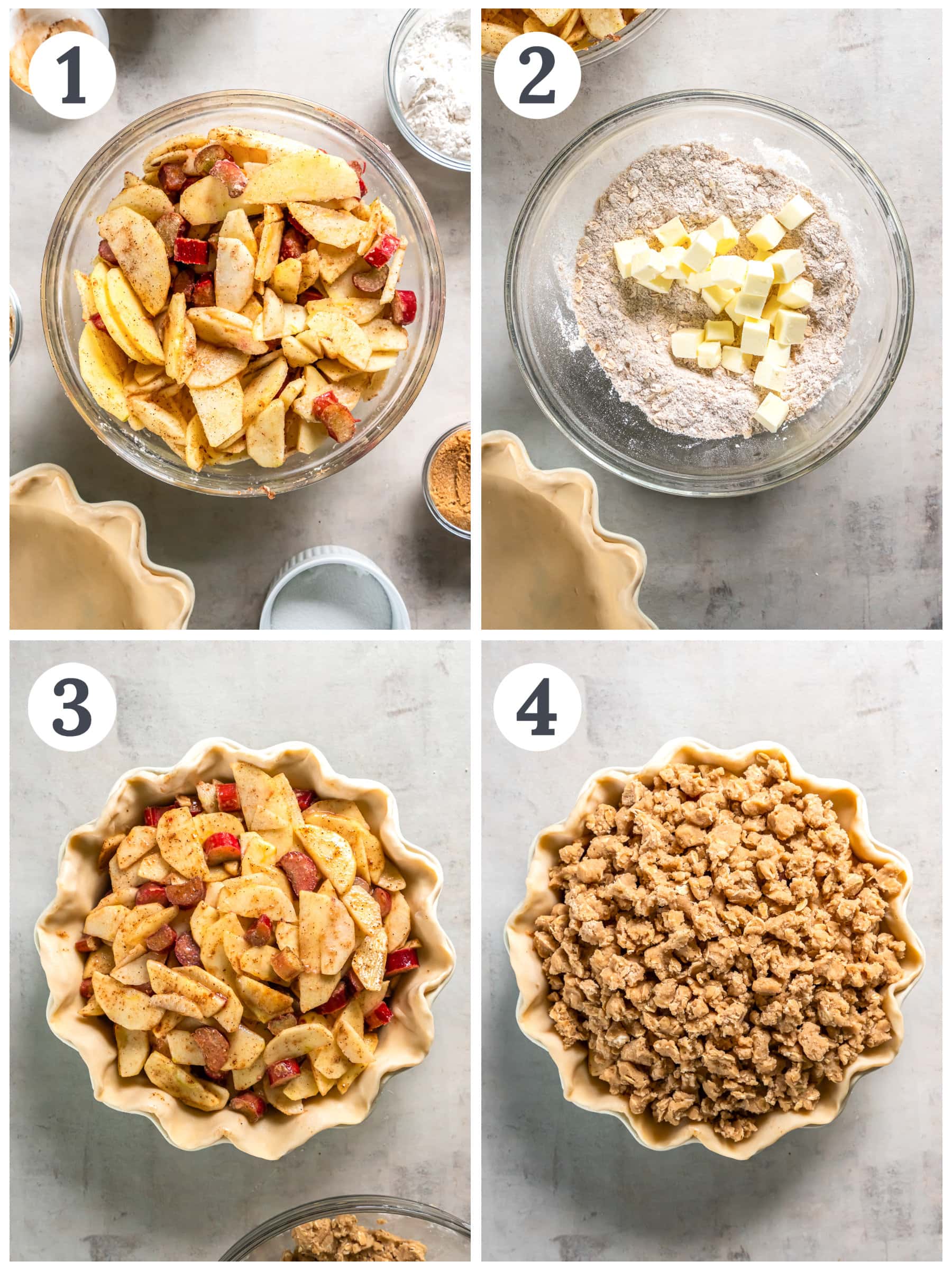 photo collage demonstrating how to make apple rhubarb pie in a mixing bowl and a pie plate.