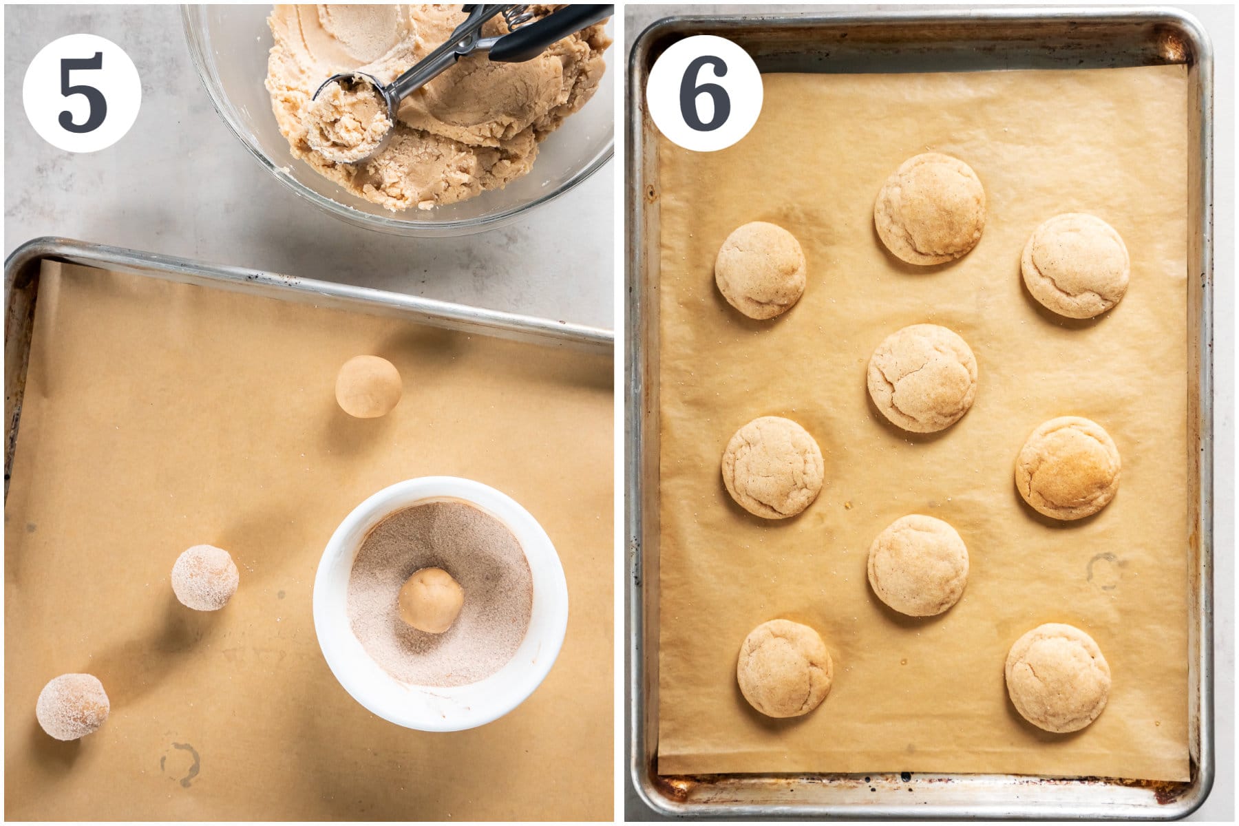 photo collage demonstrating how to roll snickerdoodle cookie dough balls in cinnamon sugar.