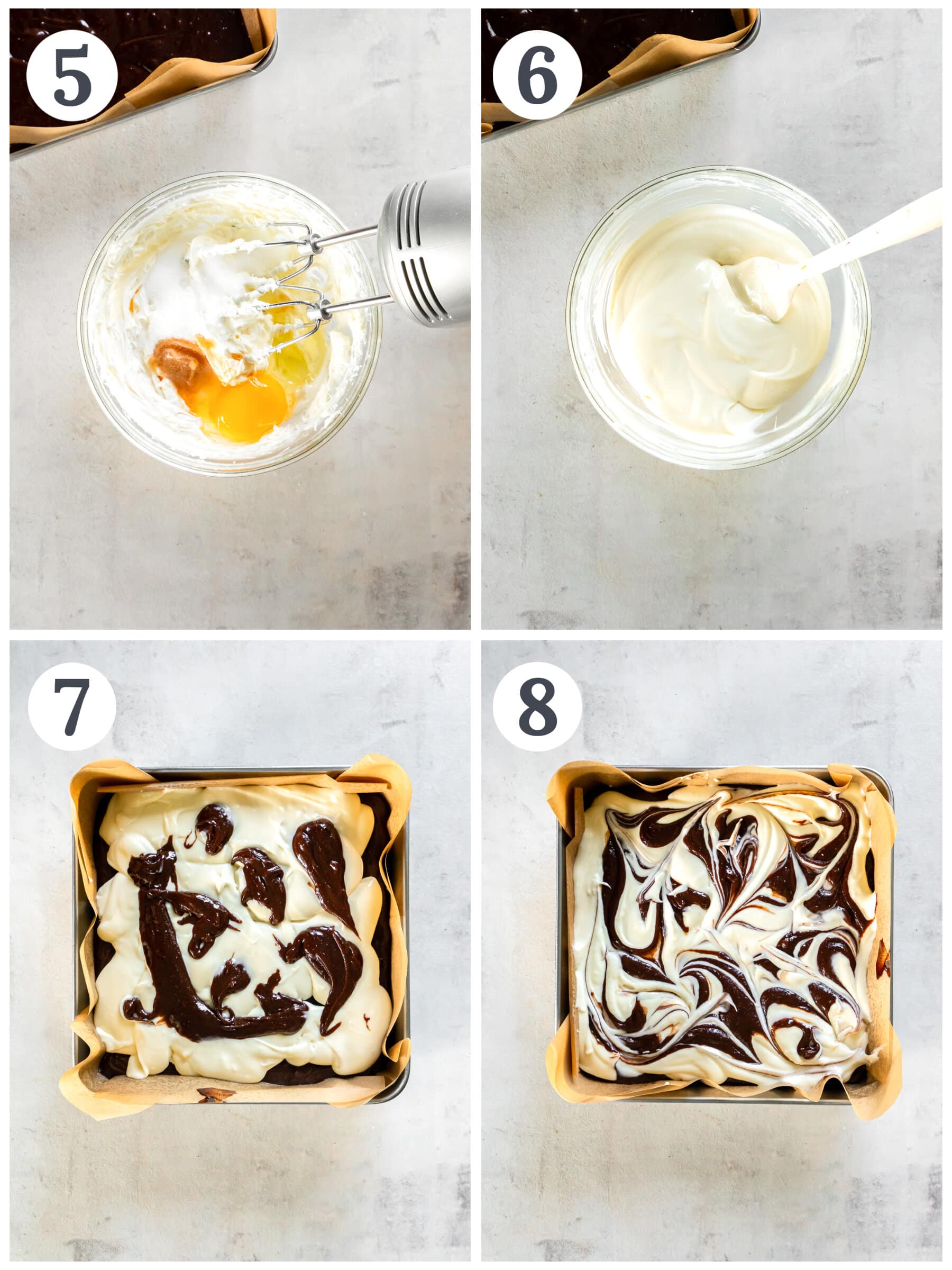 photo collage demonstrating how to make cream cheese mixture to swirl on top of homemade brownies.