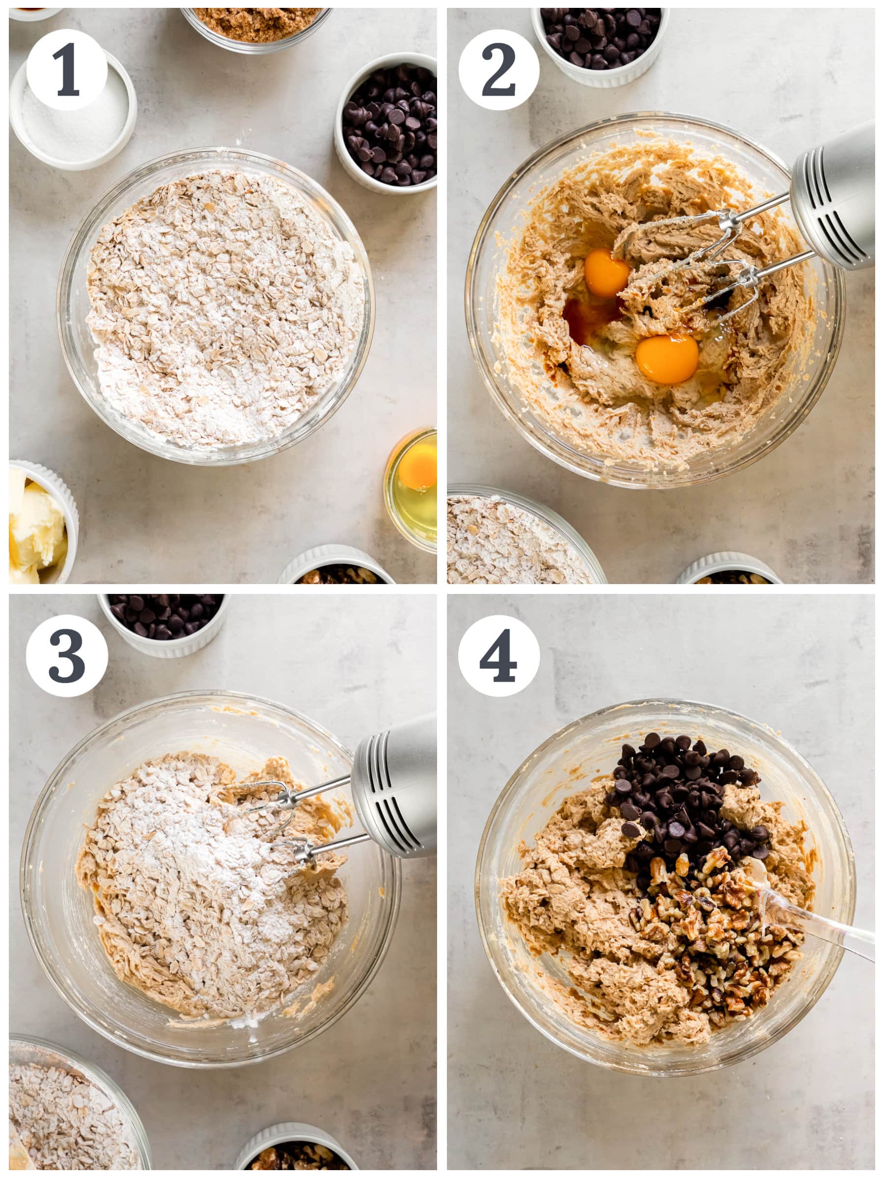 photo collage demonstrating how to make walnut oatmeal cookies on a mixing bowl.