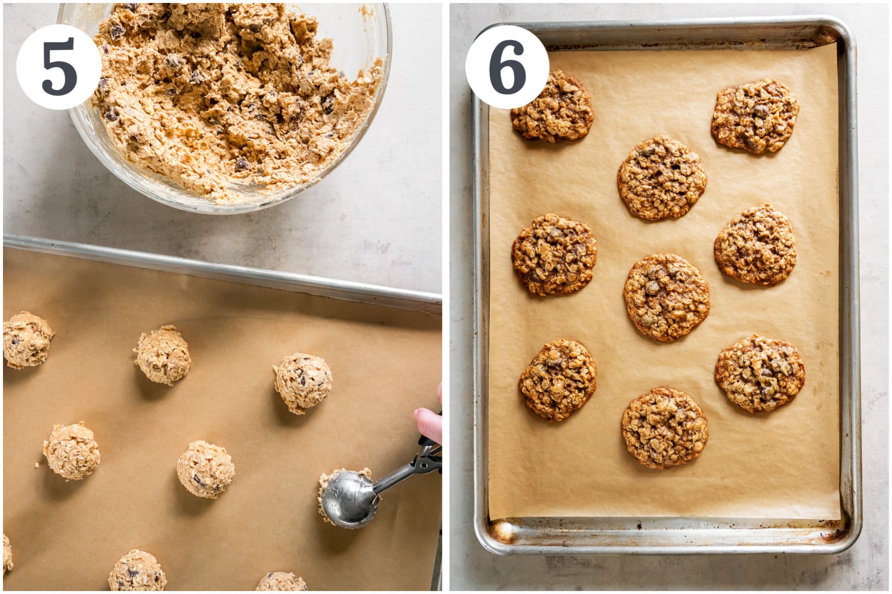 photo collage demonstrating how to scoop and bake walnut oatmeal cookies.