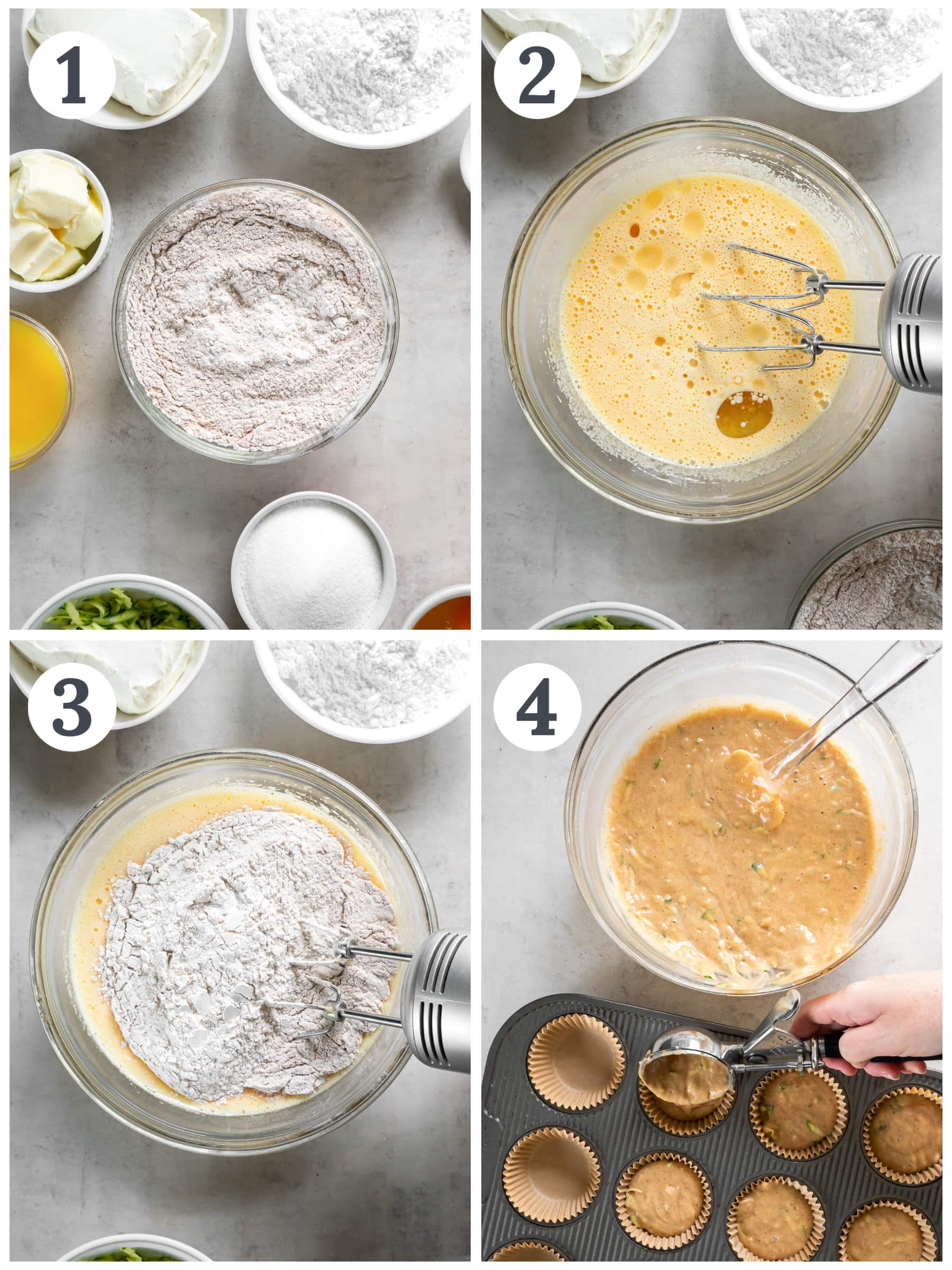 photo collage demonstrating how to make zucchini cupcakes in a mixing bowl.