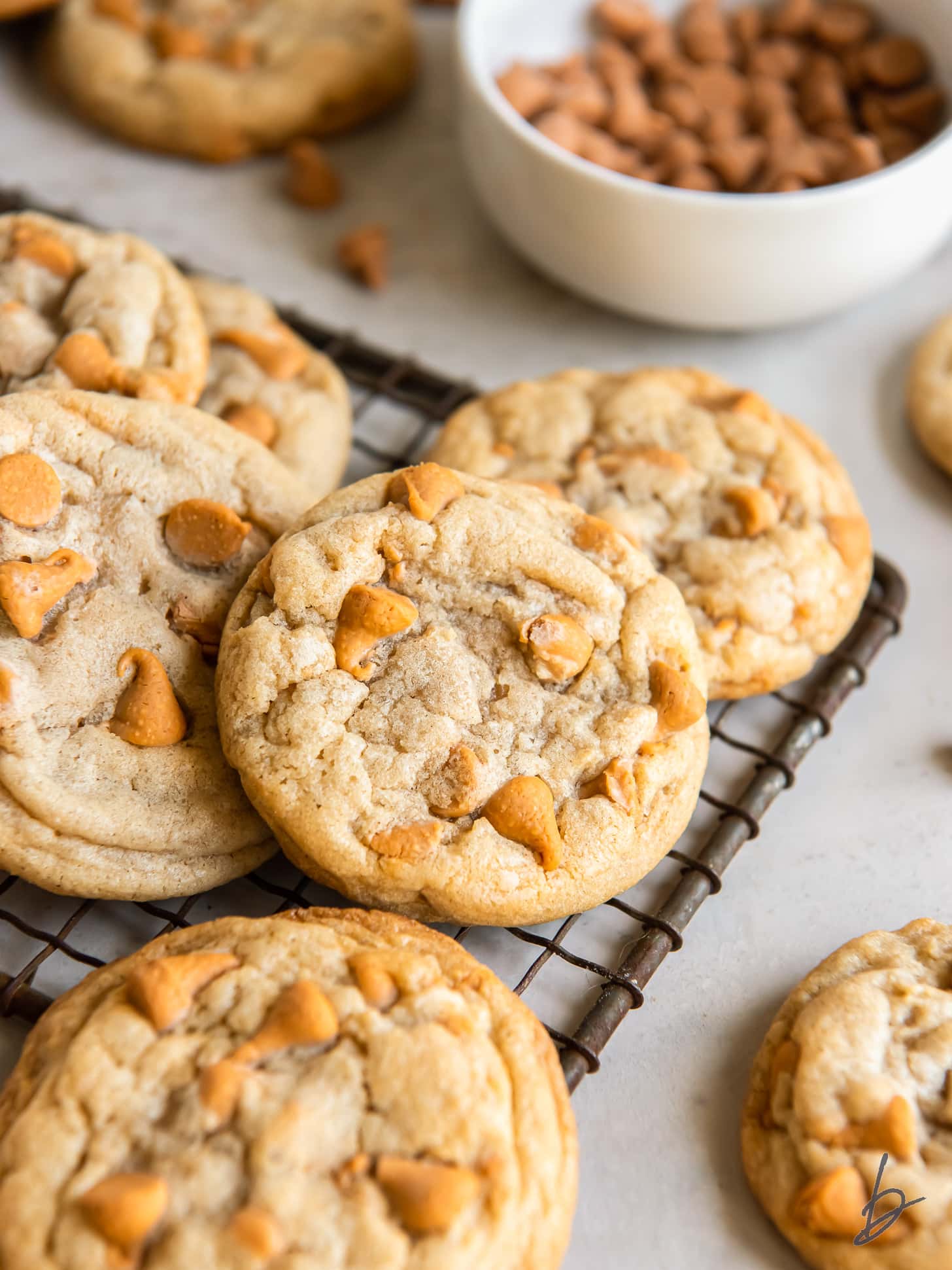 butterscotch chip cookies in a pile on small wire rack.