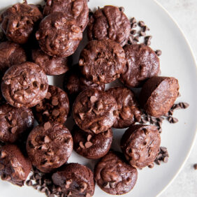 plate of brownie bites with chocolate chips.