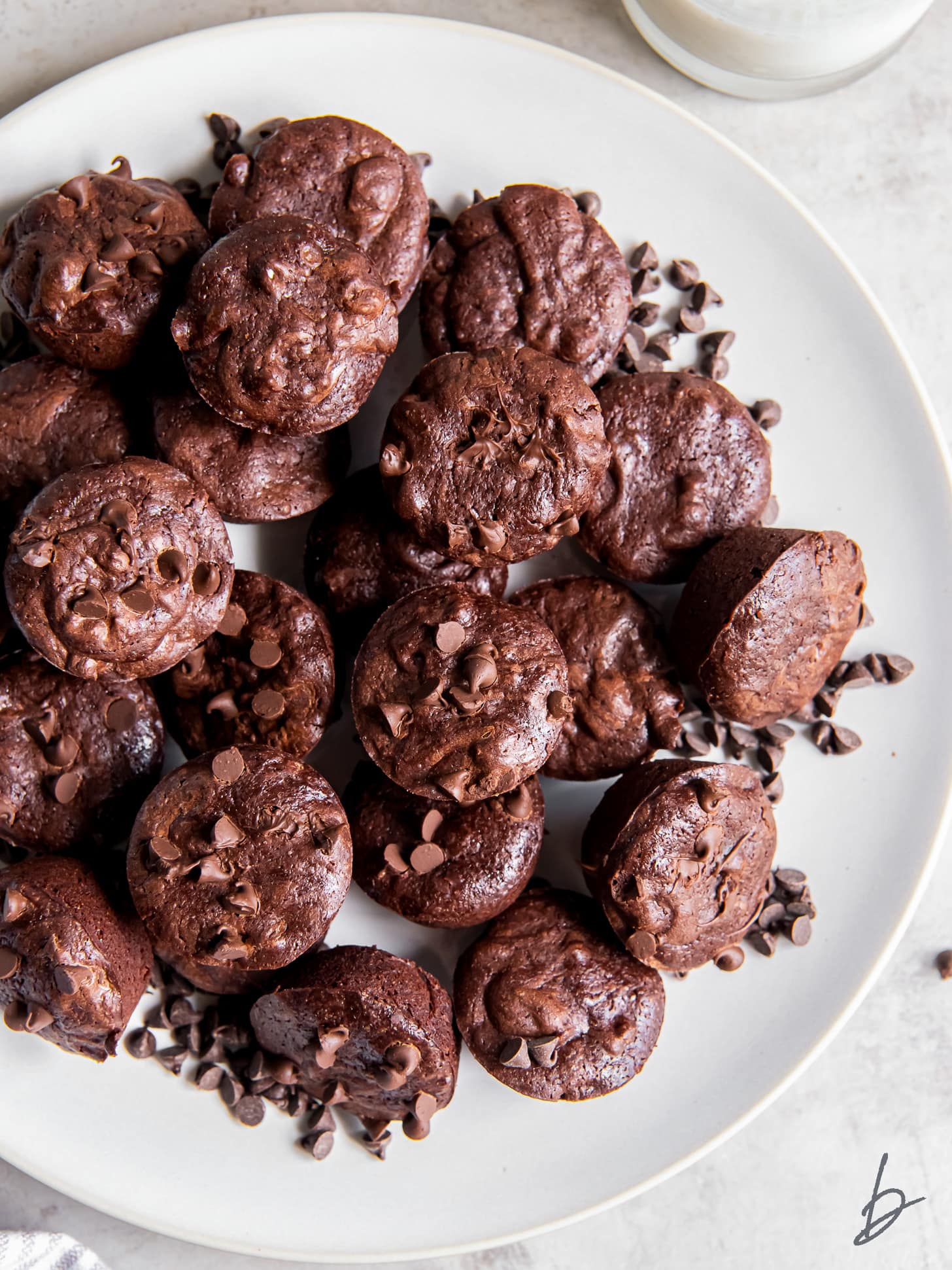 plate of brownie bites with chocolate chips.