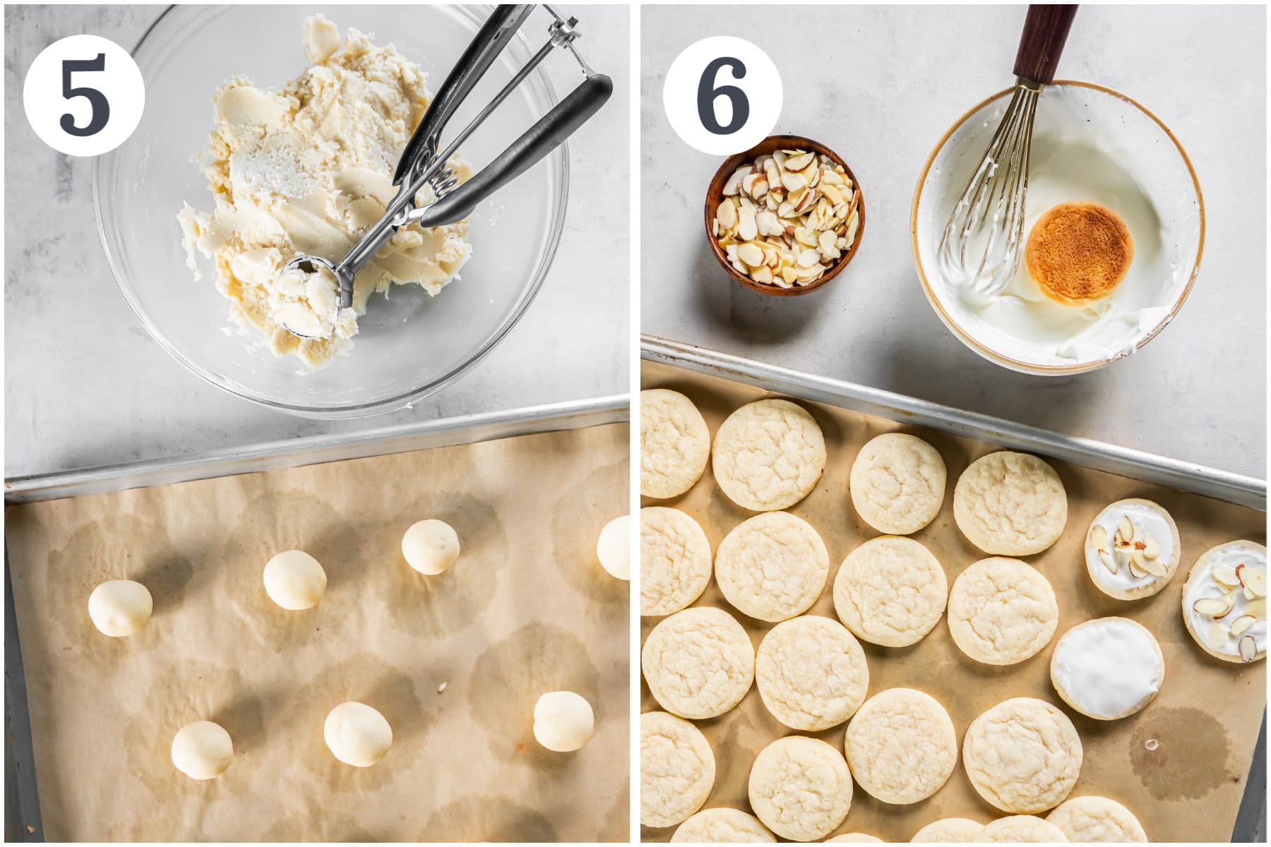 photo collage demonstrating how to bake almond sugar cookies on baking sheet then top baked cookies with icing.