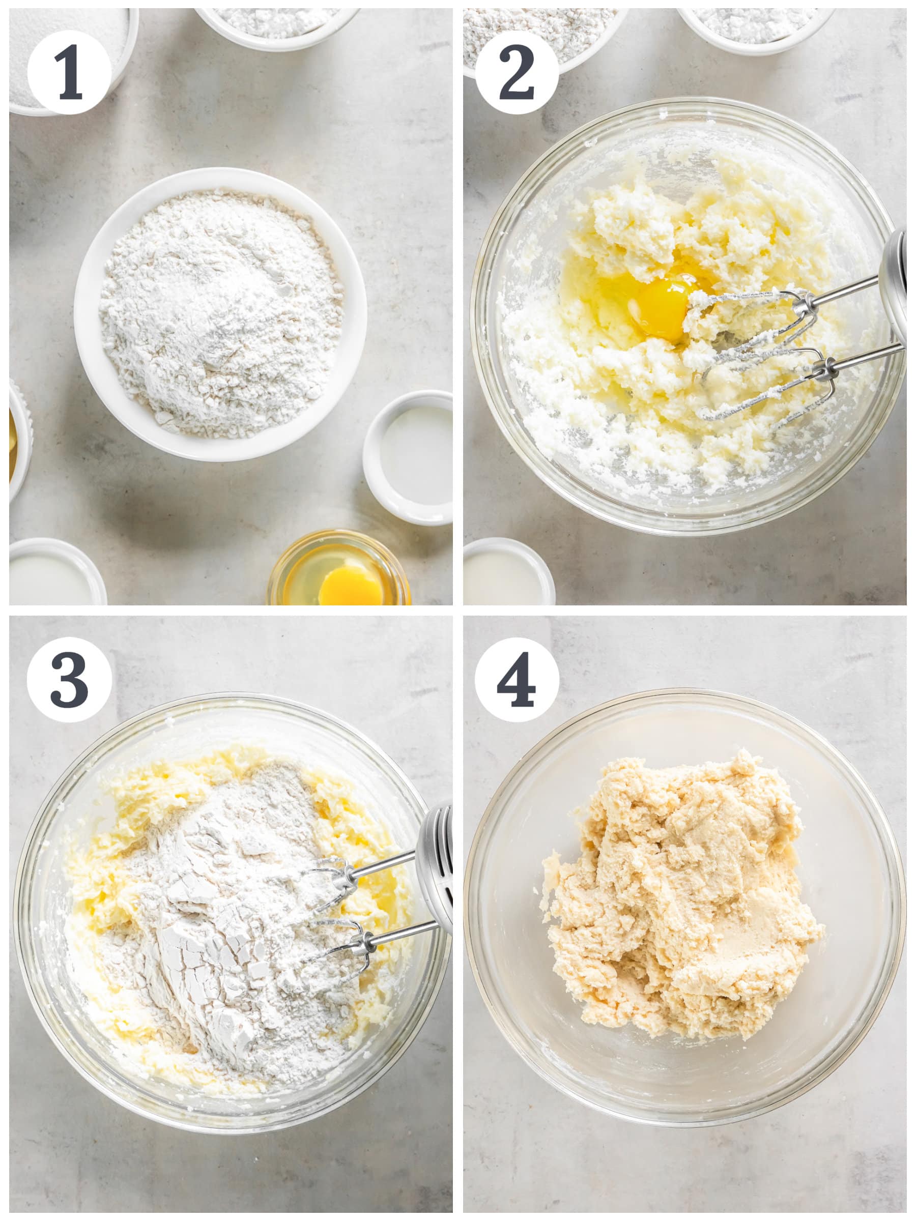 photo collage demonstrating how to make almond sugar cookies in a mixing bowl.