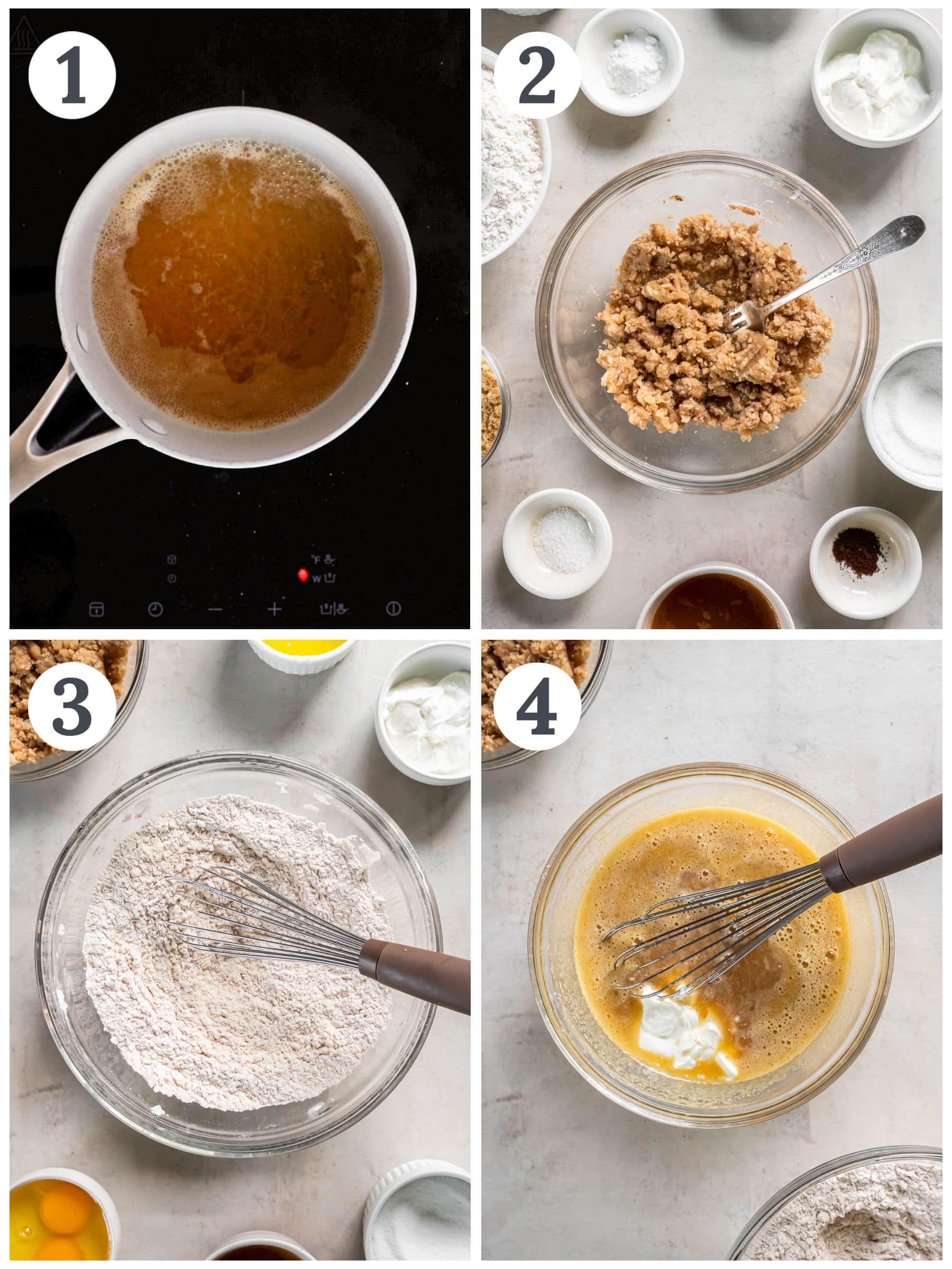 photo collage demonstrating how to make apple cider reduction on stovetop and make batter in mixing bowls.