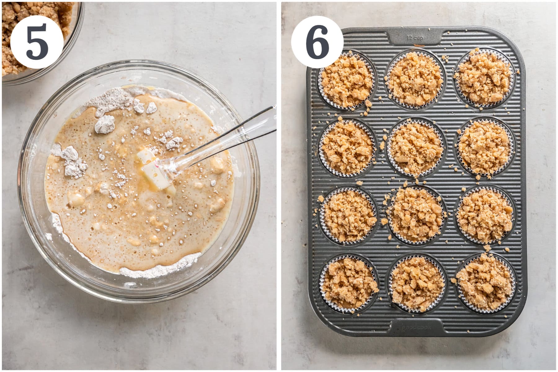 photo collage demonstrating how to make apple cider muffins in a mixing bowl and muffin tin.