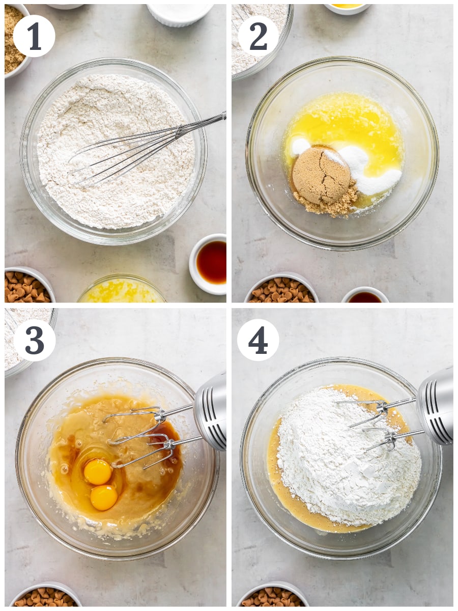 photo collage demonstrating how to make butterscotch chip cookies in a mixing bowl.