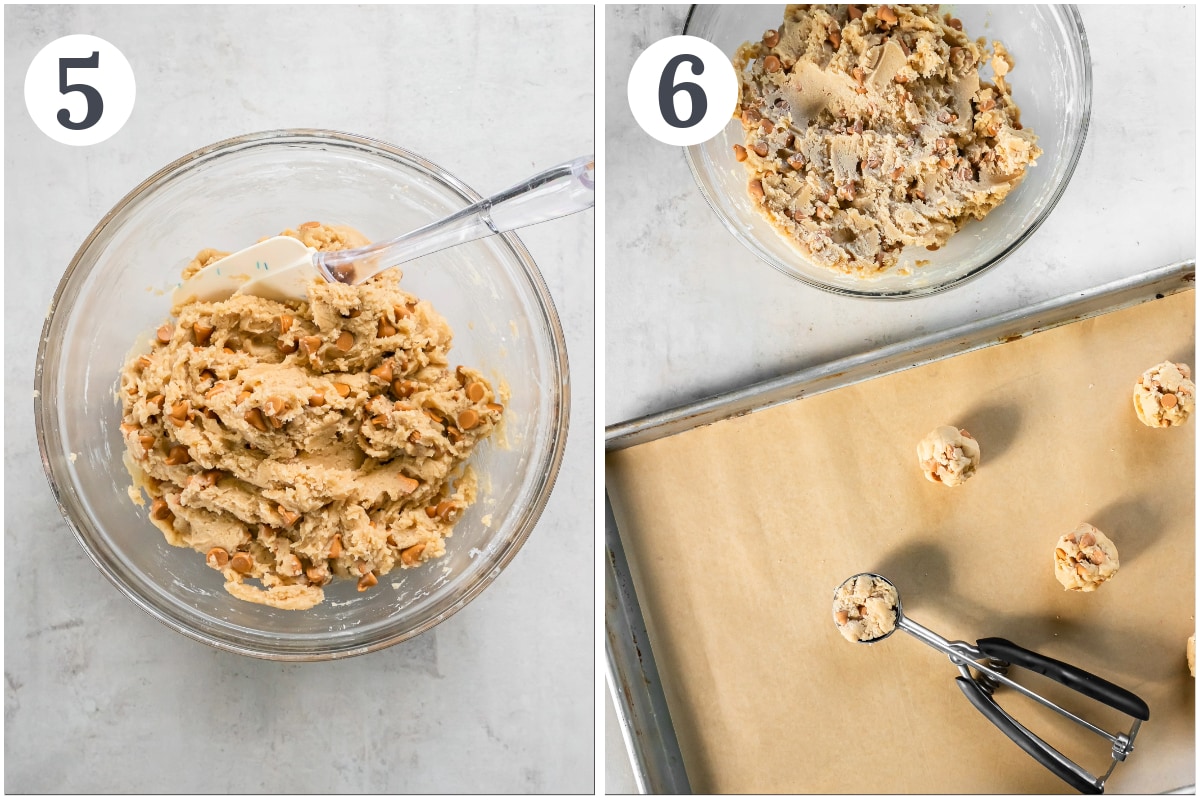 photo collage demonstrating how to scoop butterscotch chip cookies and bake on a baking sheet.