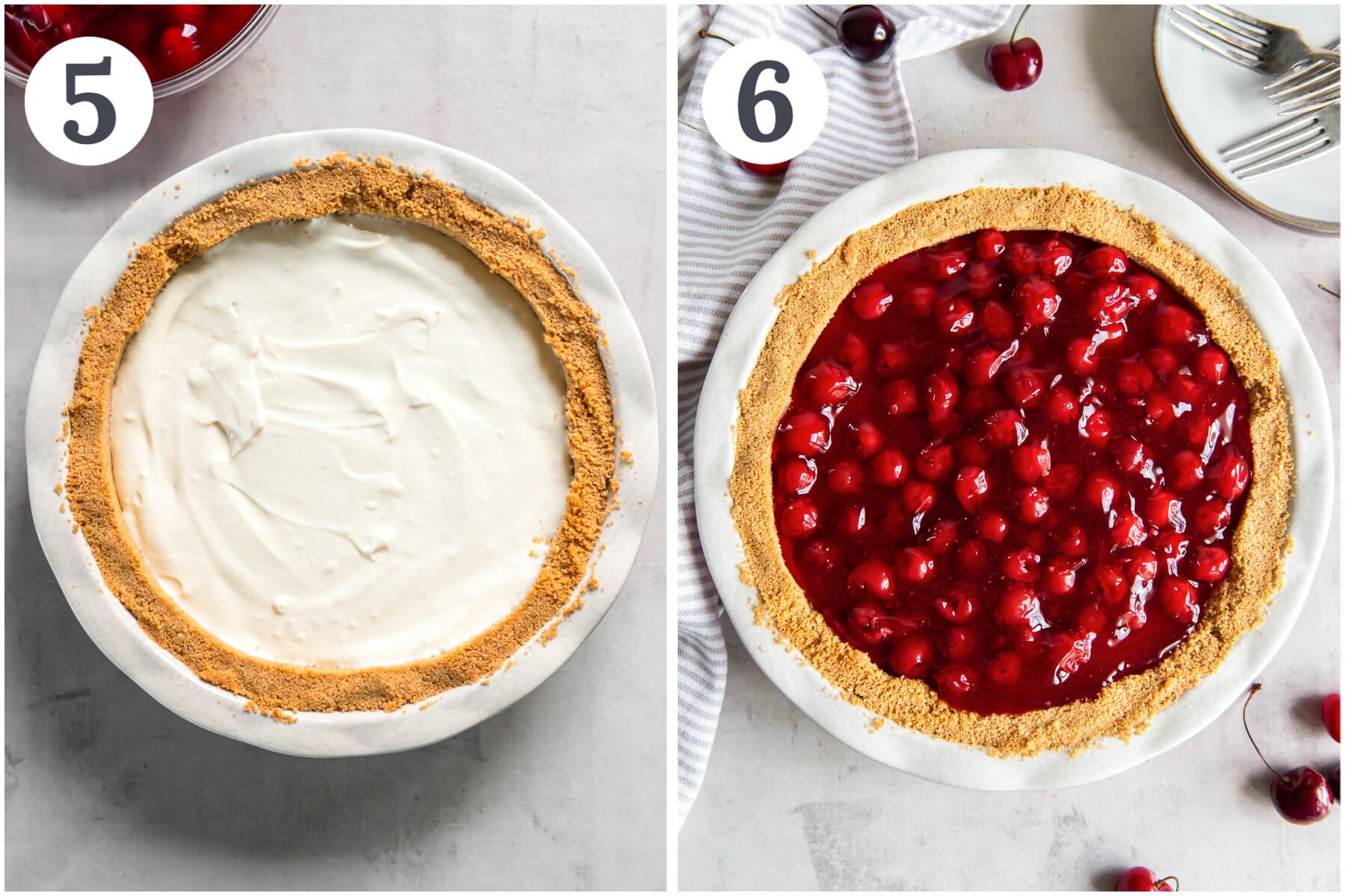 photo collage demonstrating how to assemble cherry cream cheese pie with filling and topping.