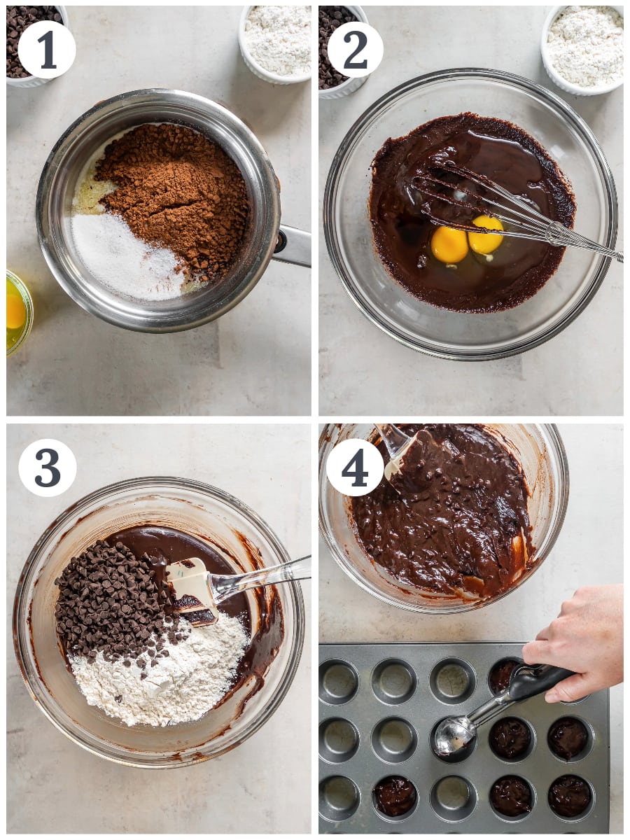 photo collage demonstrating how to make brownie bites in a mini muffin tin.