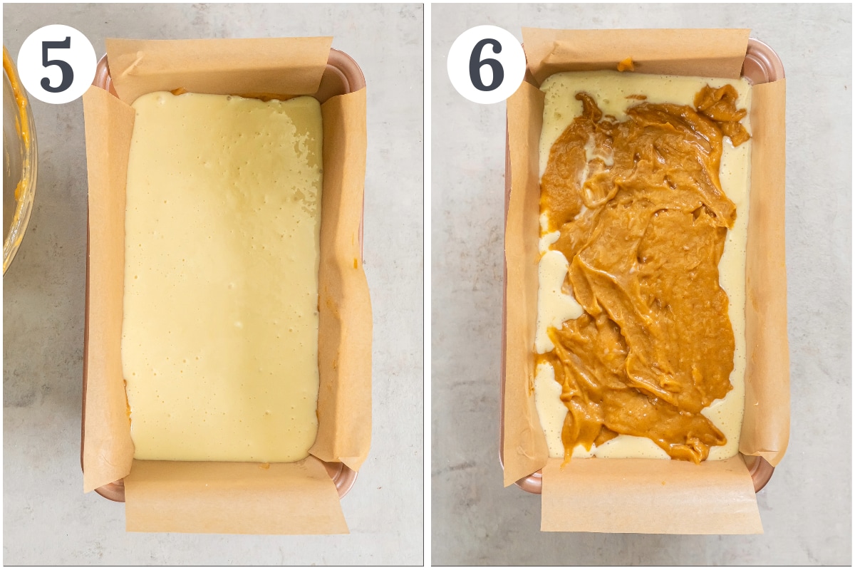 photo collage demonstrating how to layer pumpkin bread batter and cream cheese mixture in a loaf pan.