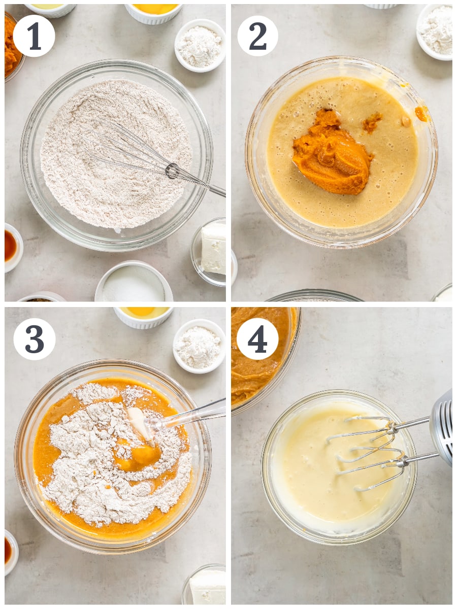 photo collage demonstrating how to make batter for pumpkin cream cheese bread in a mixing bowl.