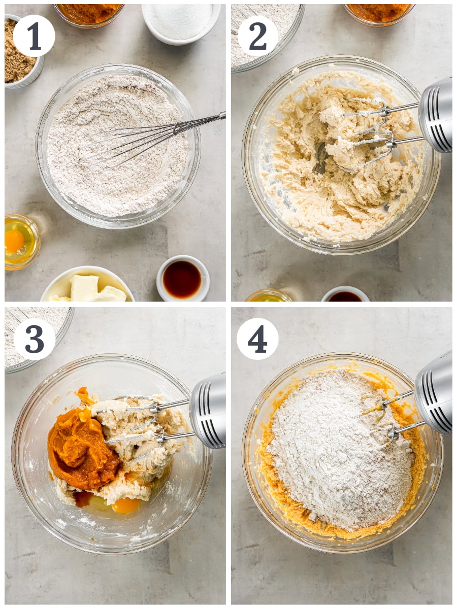 photo collage demonstrating how to make pumpkin snickerdoodle bars in a mixing bowl.