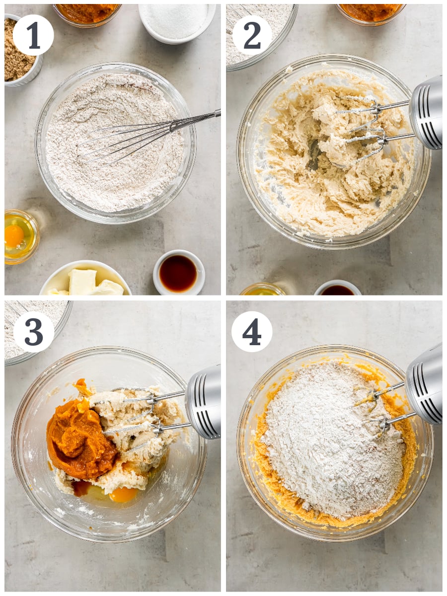 photo collage demonstrating how to make pumpkin snickerdoodle bars in a mixing bowl.