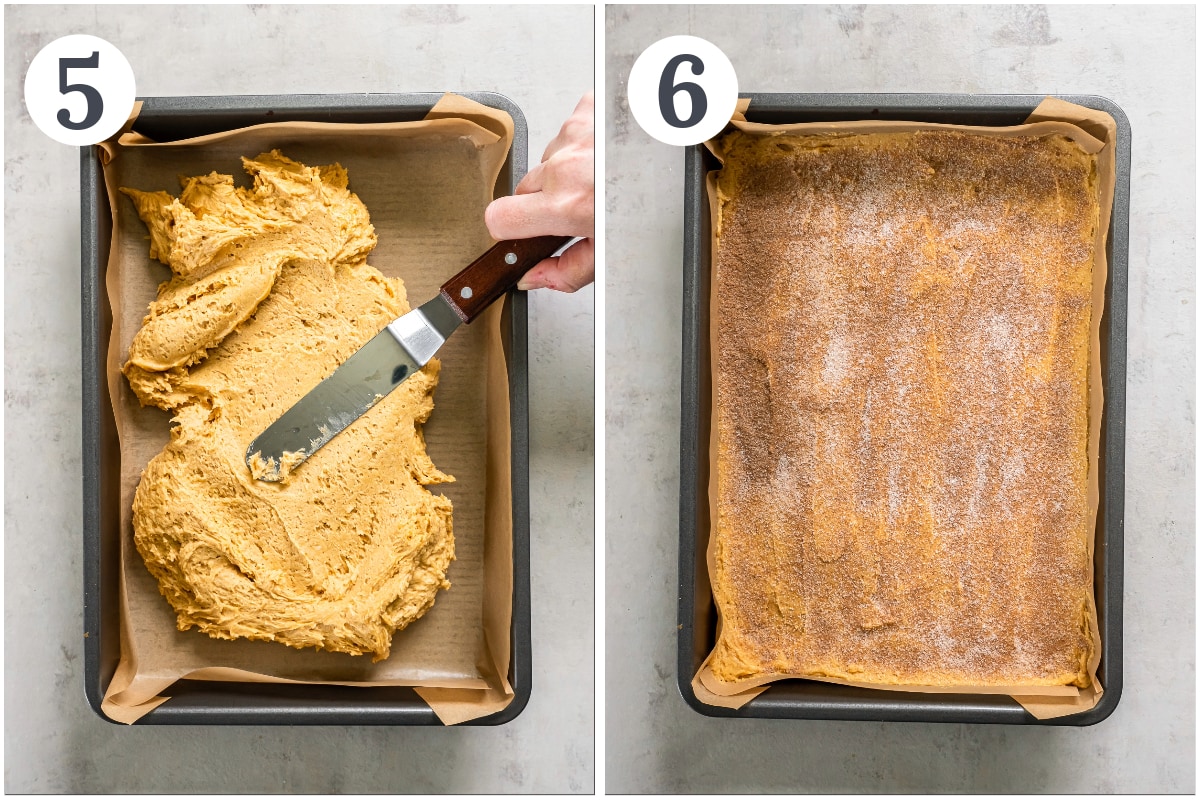 photo collage demonstrating how to make pumpkin snickerdoodle bars in a 9x13 pan with cinnamon sugar sprinkled on top.