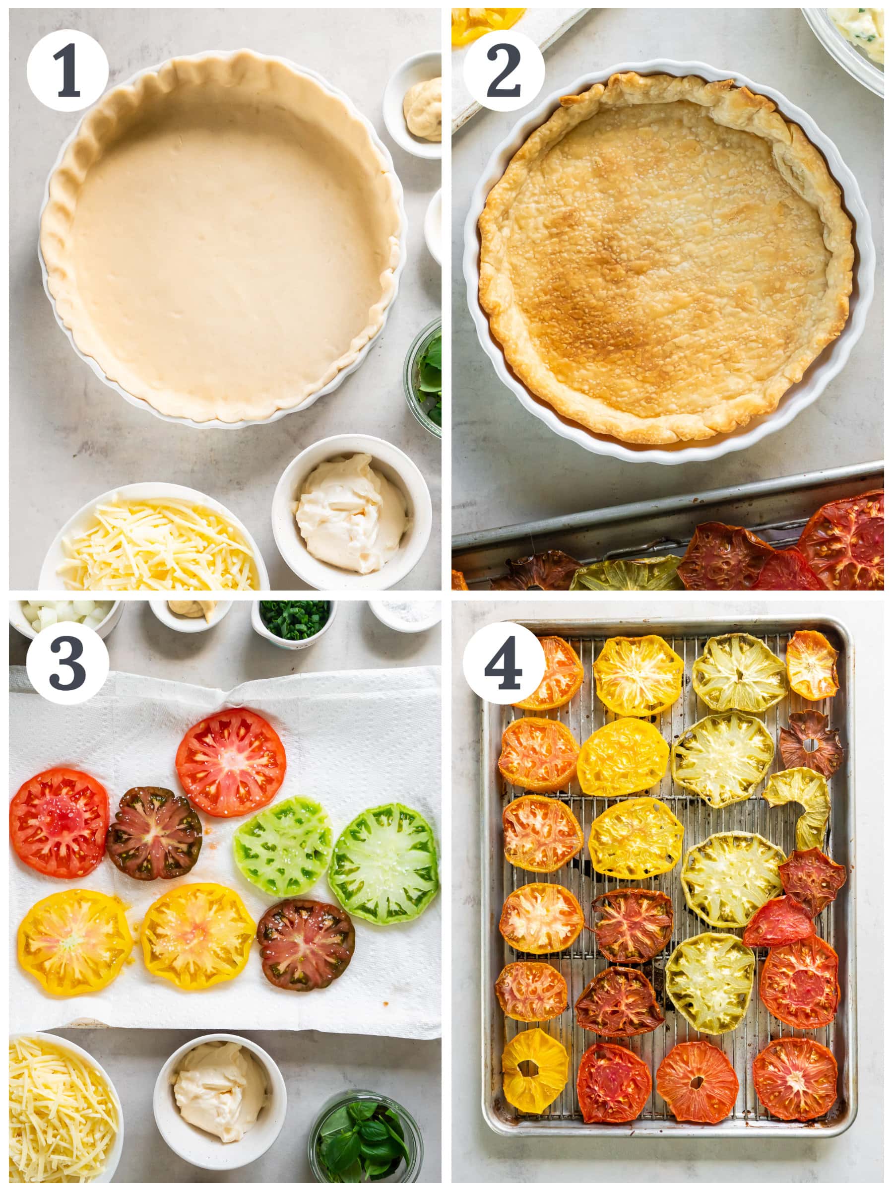 photo collage demonstrating how to make a tomato pie with parbaked crust and roasted tomatoes.