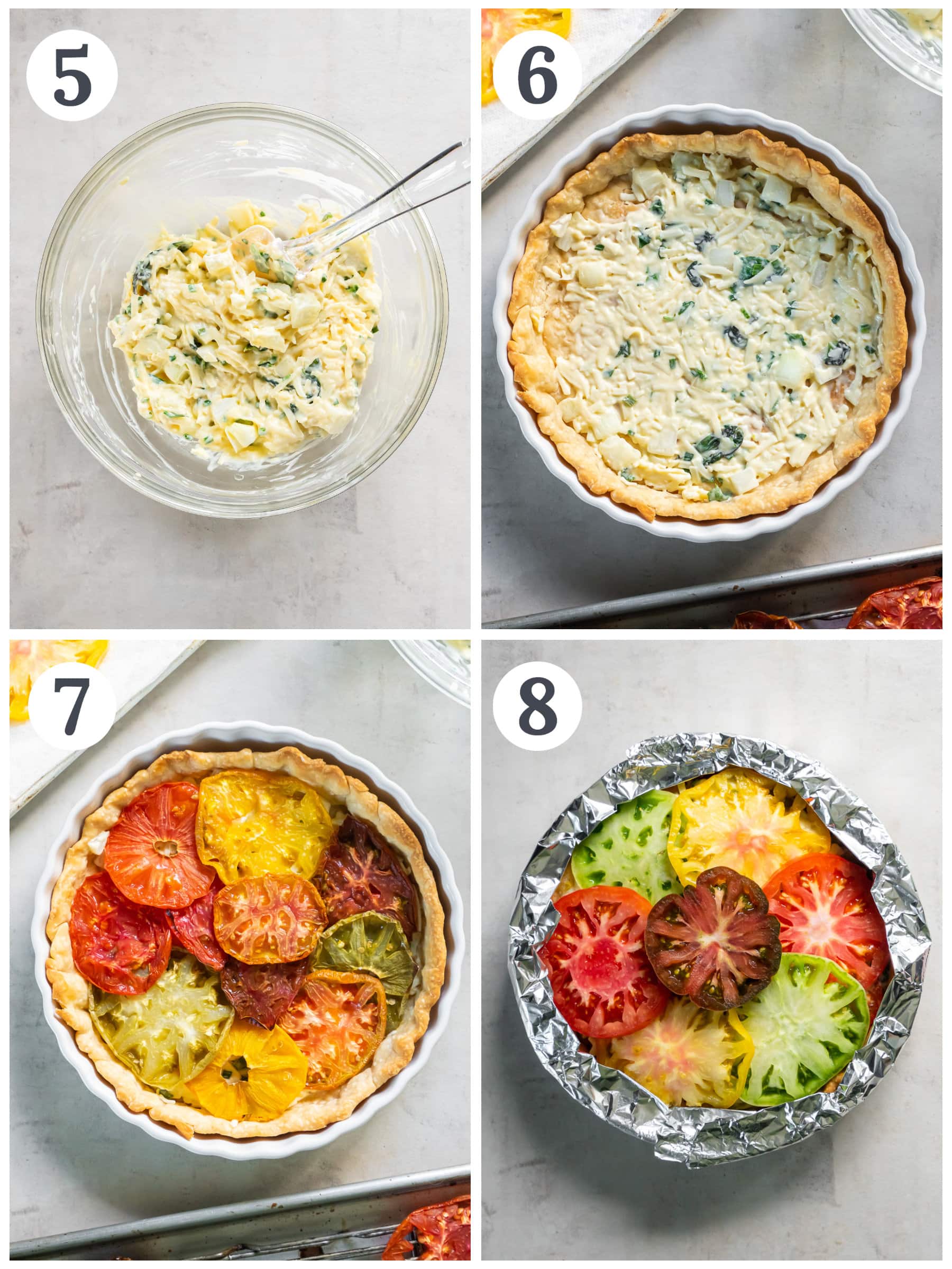 photo collage demonstrating how to make tomato pie with cheese.