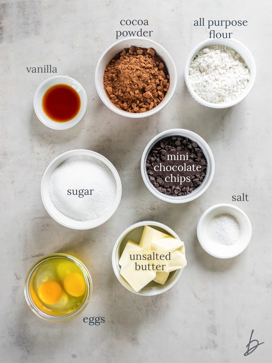 bowls of ingredients to make mini brownie bites.