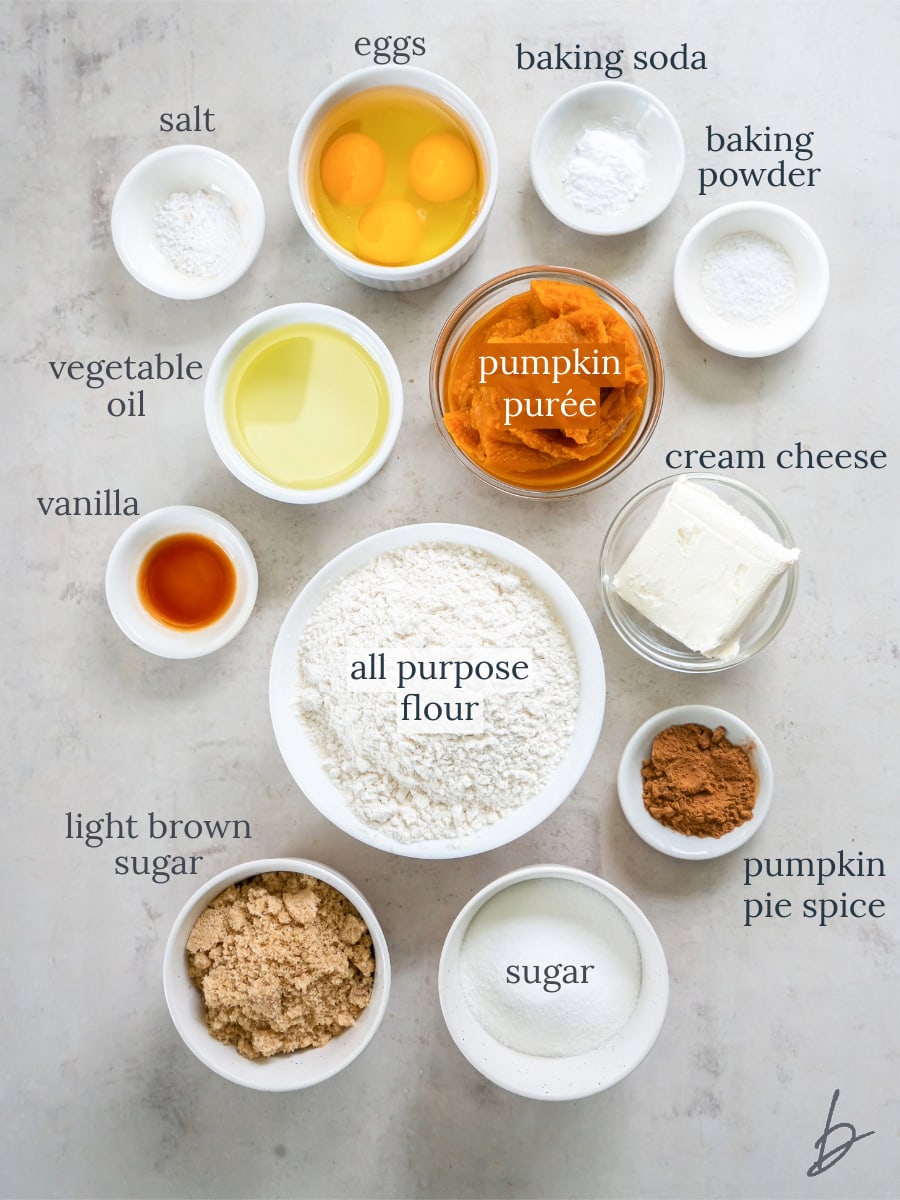 bowls of ingredients for pumpkin cream cheese bread.