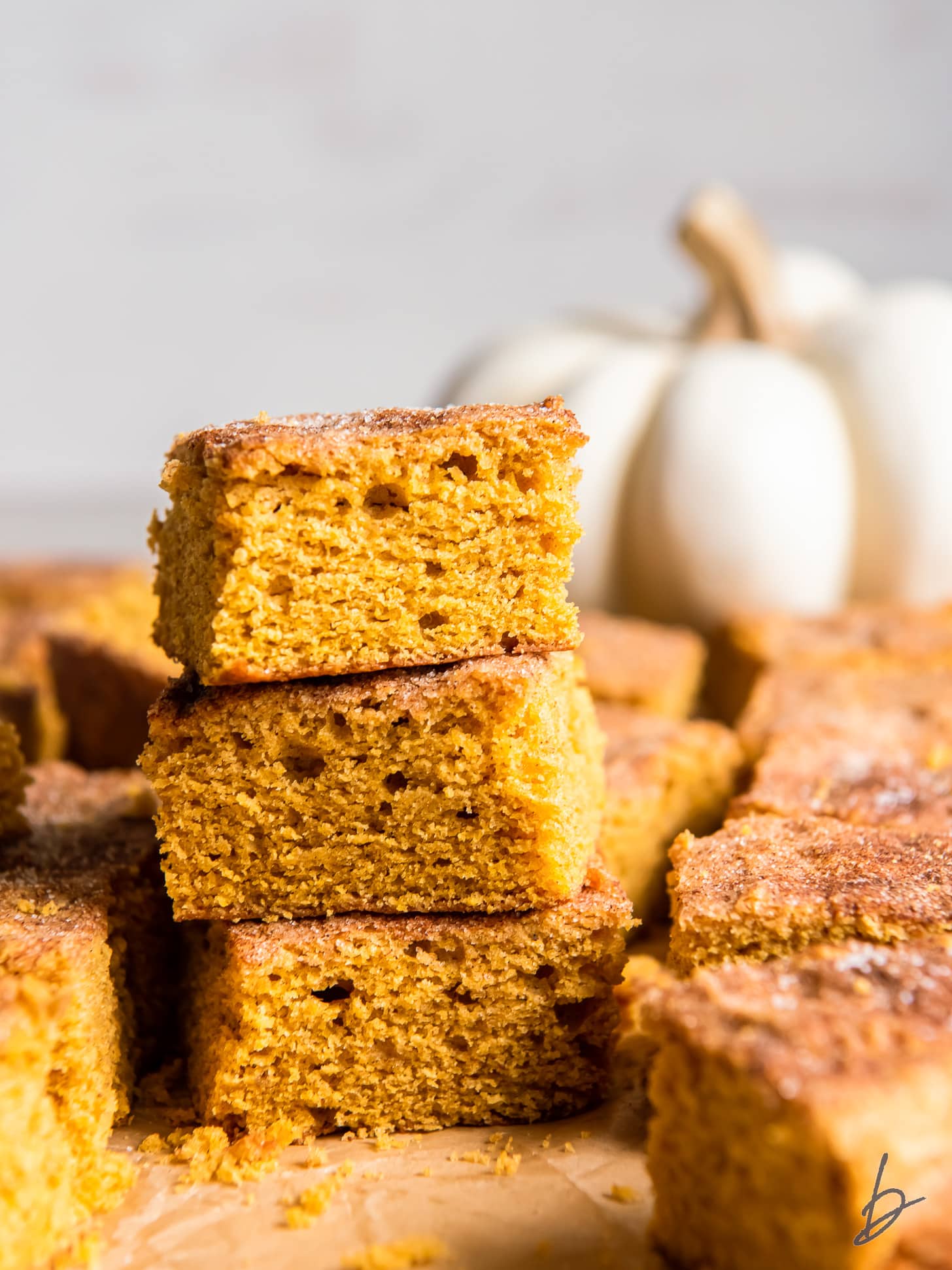 stack of three pumpkin snickerdoodle bars in front of mini white pumpkin.