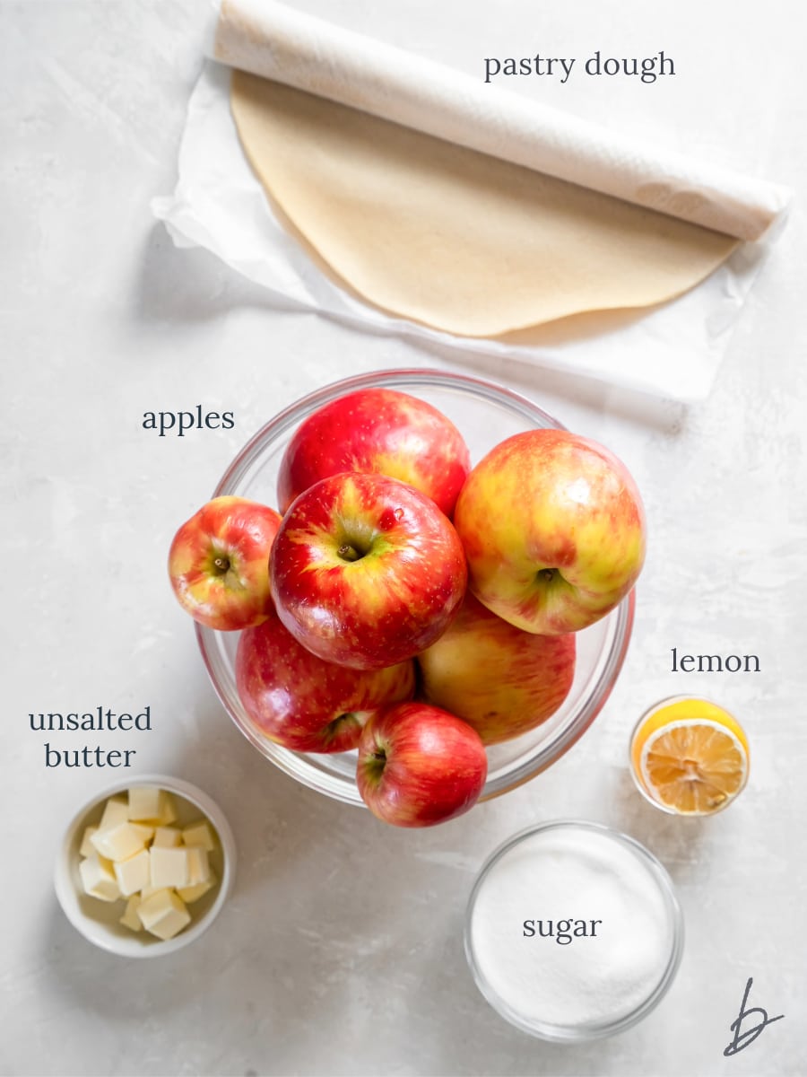 bowls of ingredients to make apple tarte tatin.