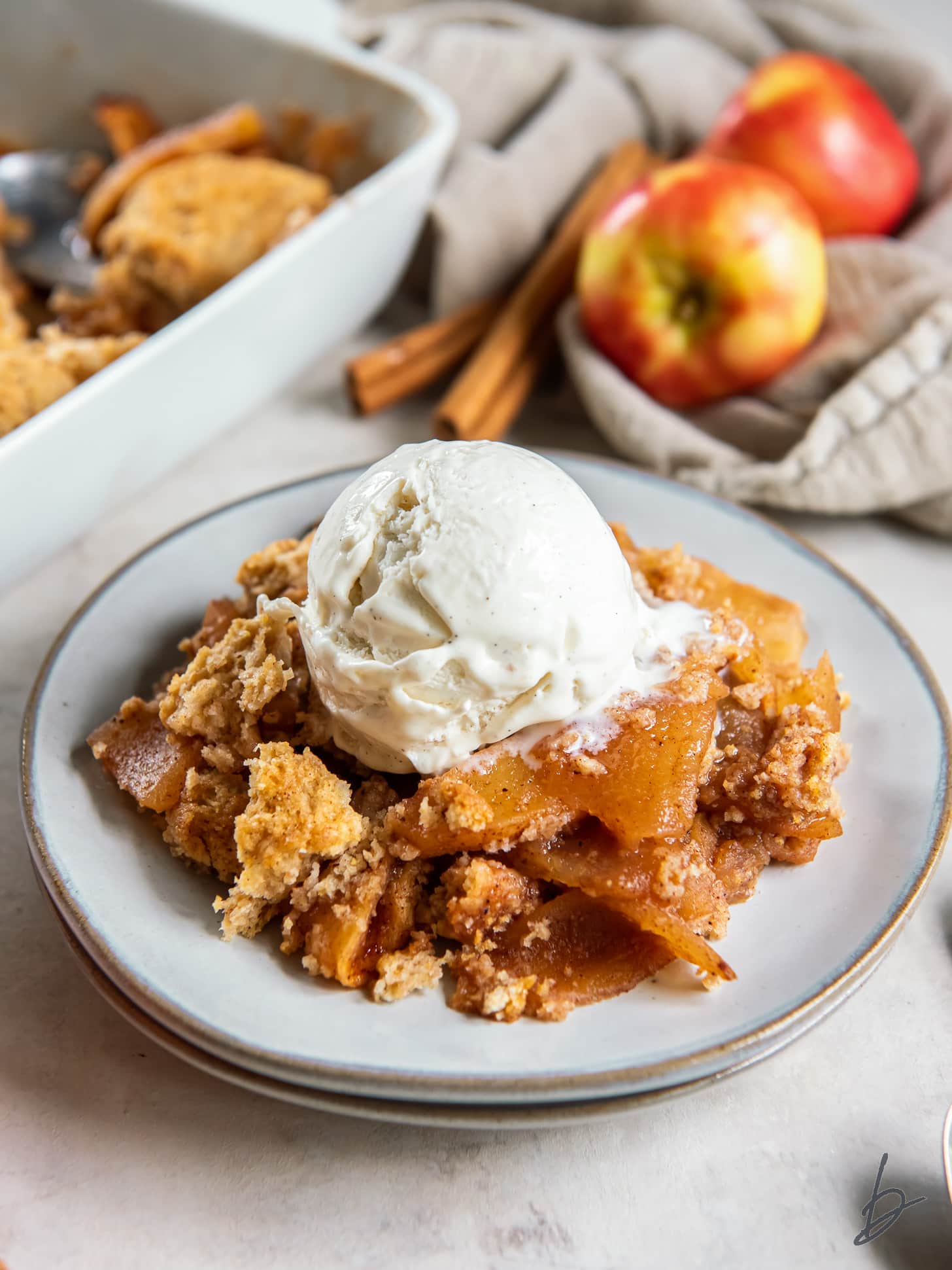 serving of apple cobbler on a plate with a scoop of vanilla ice cream.