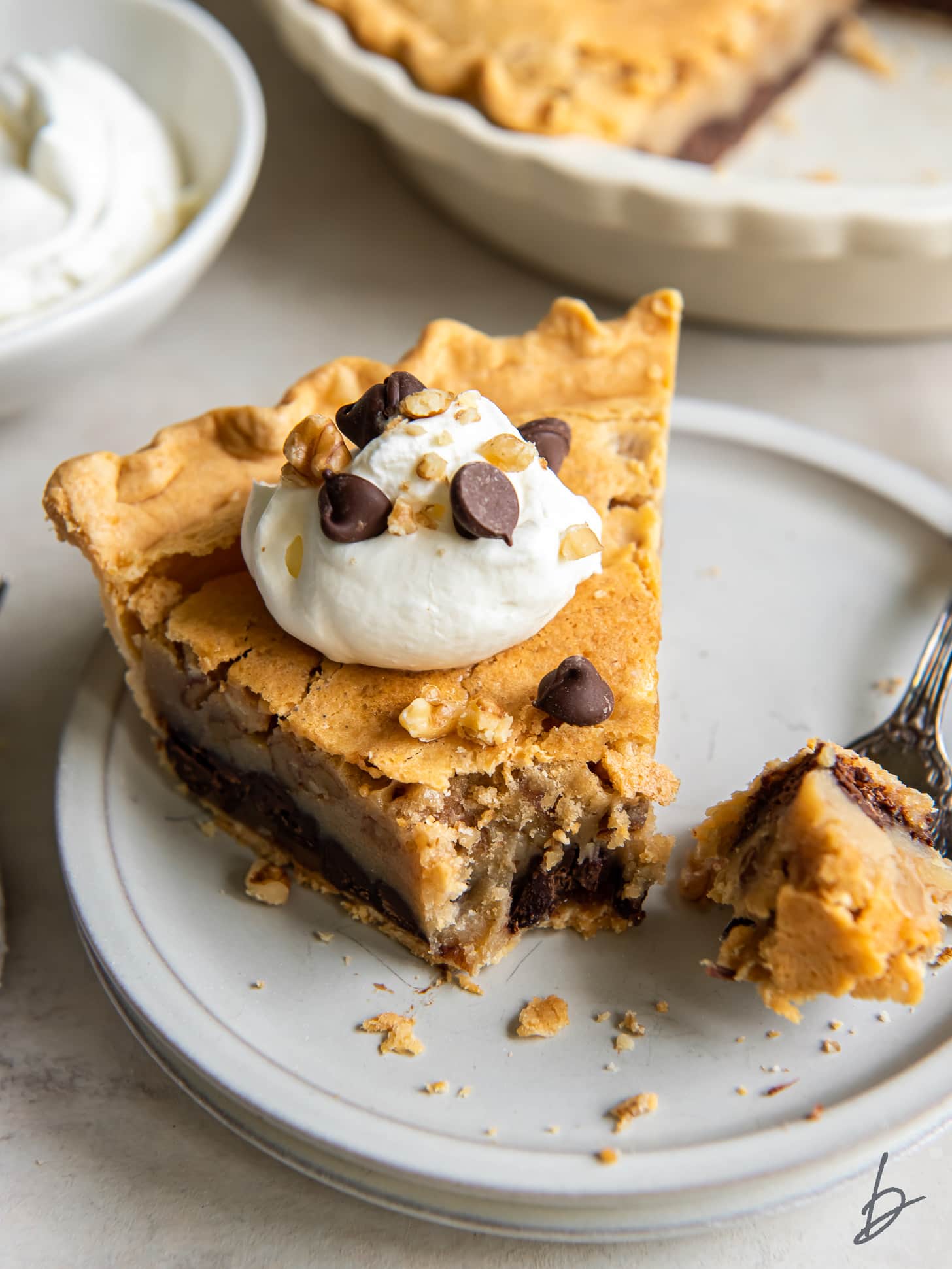 fork taking bite of chocolate walnut pie with dollop of whipped cream as garnish.