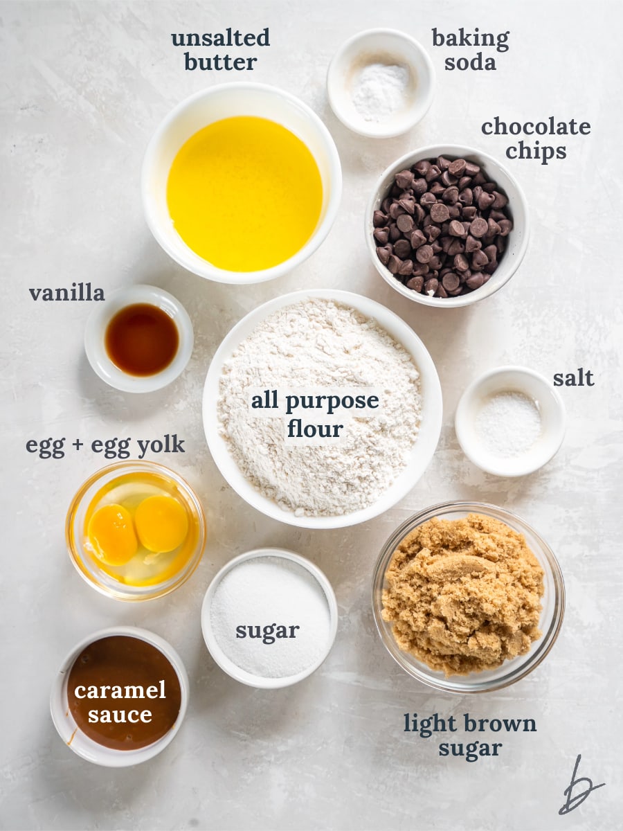 bowls of ingredients to make caramel cookies.