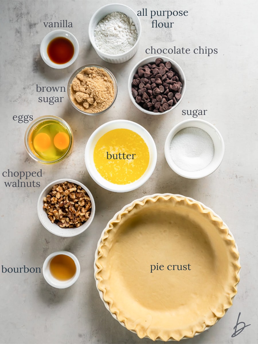 bowls of ingredients to make chocolate walnut pie.