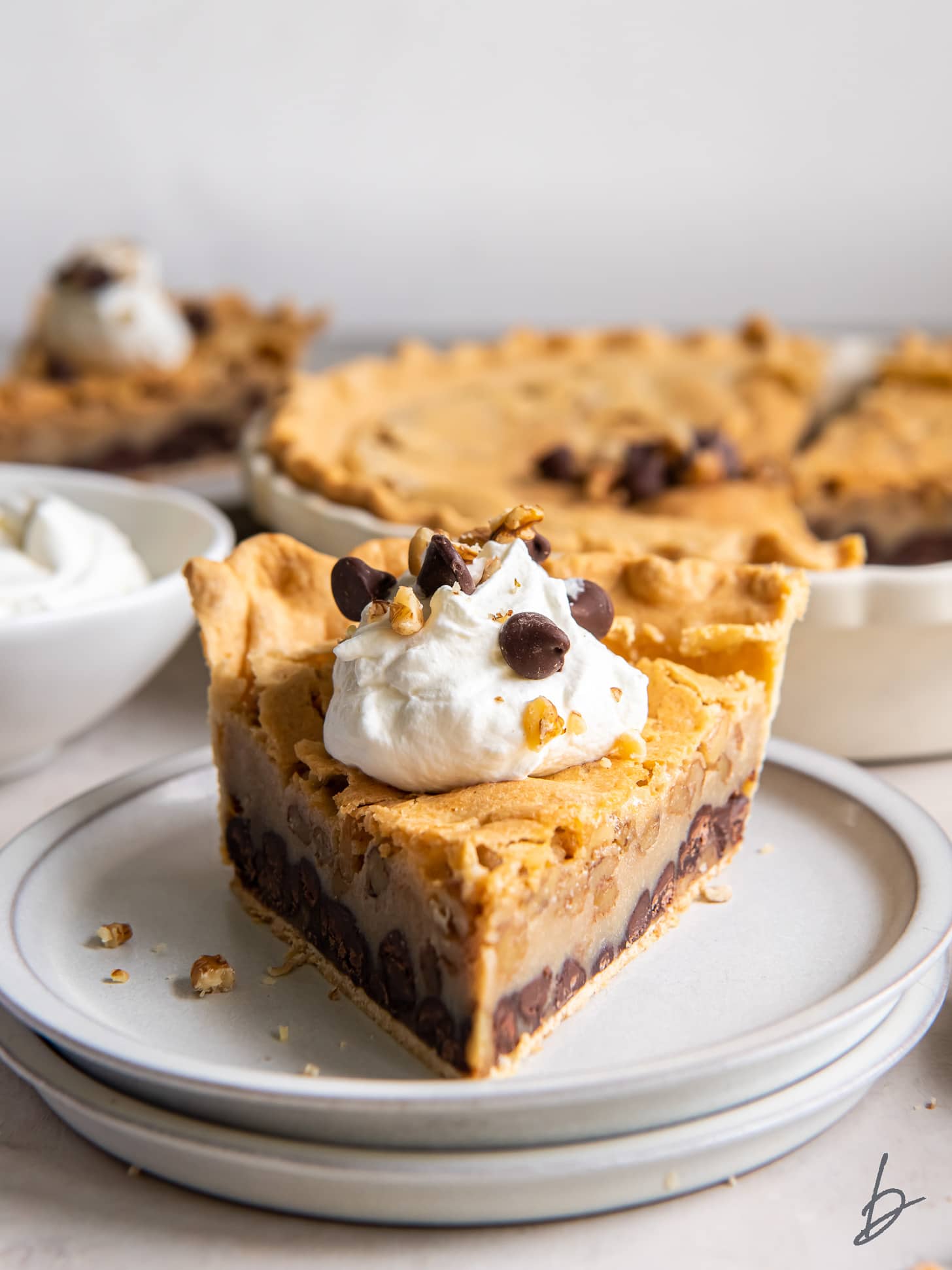 plate with slice of chocolate pecan pie with dollop of whipped cream.