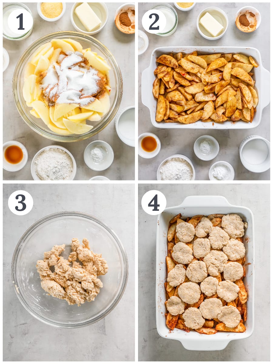 photo collage demonstrating how to make apple cobbler in a mixing bowl and baking dish.