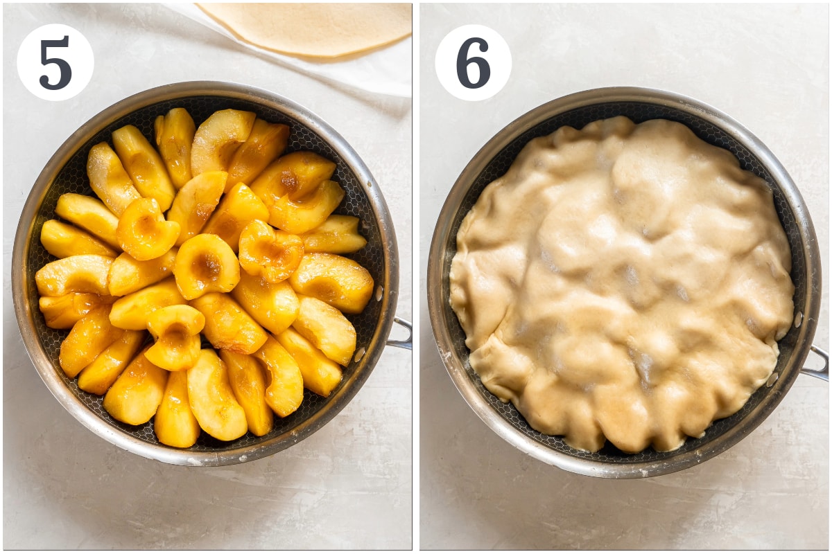 photo collage demonstrating how to arrange apples and pie crust in a skillet for tarte tatin.