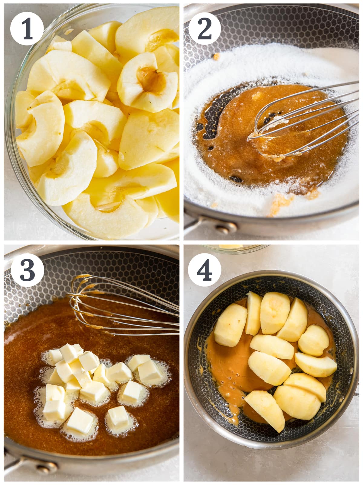 photo demonstrating how to caramelize apples in a saucepan.