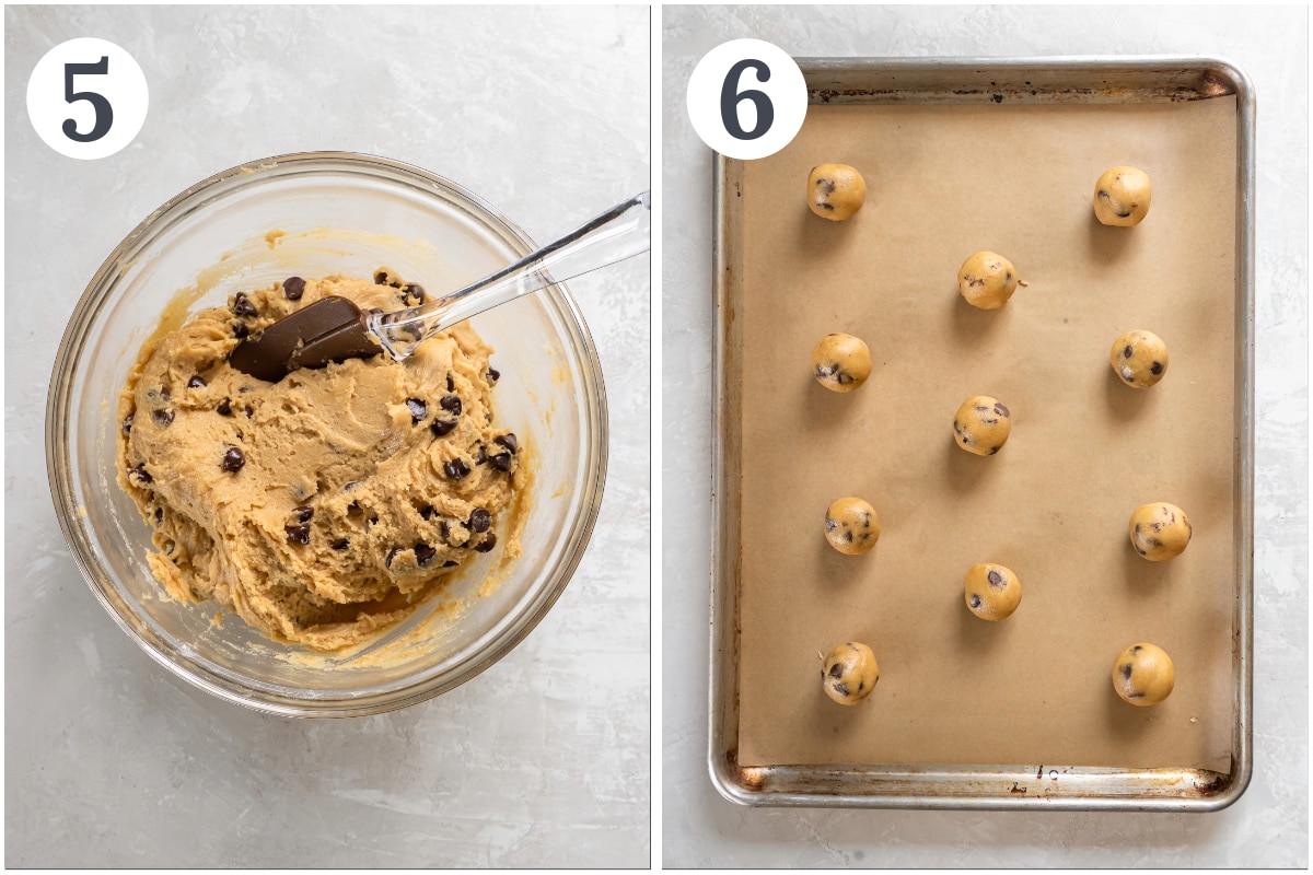 photo collage demonstrating how to make caramel cookies with chocolate chips on a baking sheet.