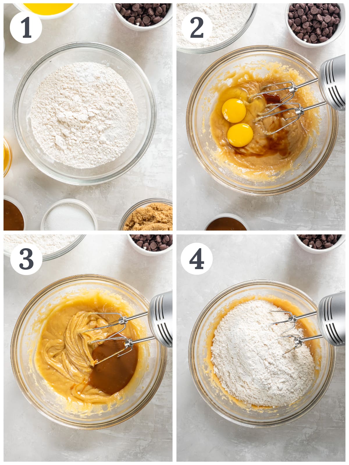 photo collage demonstrating how to make caramel cookie dough in a mixing bowl.